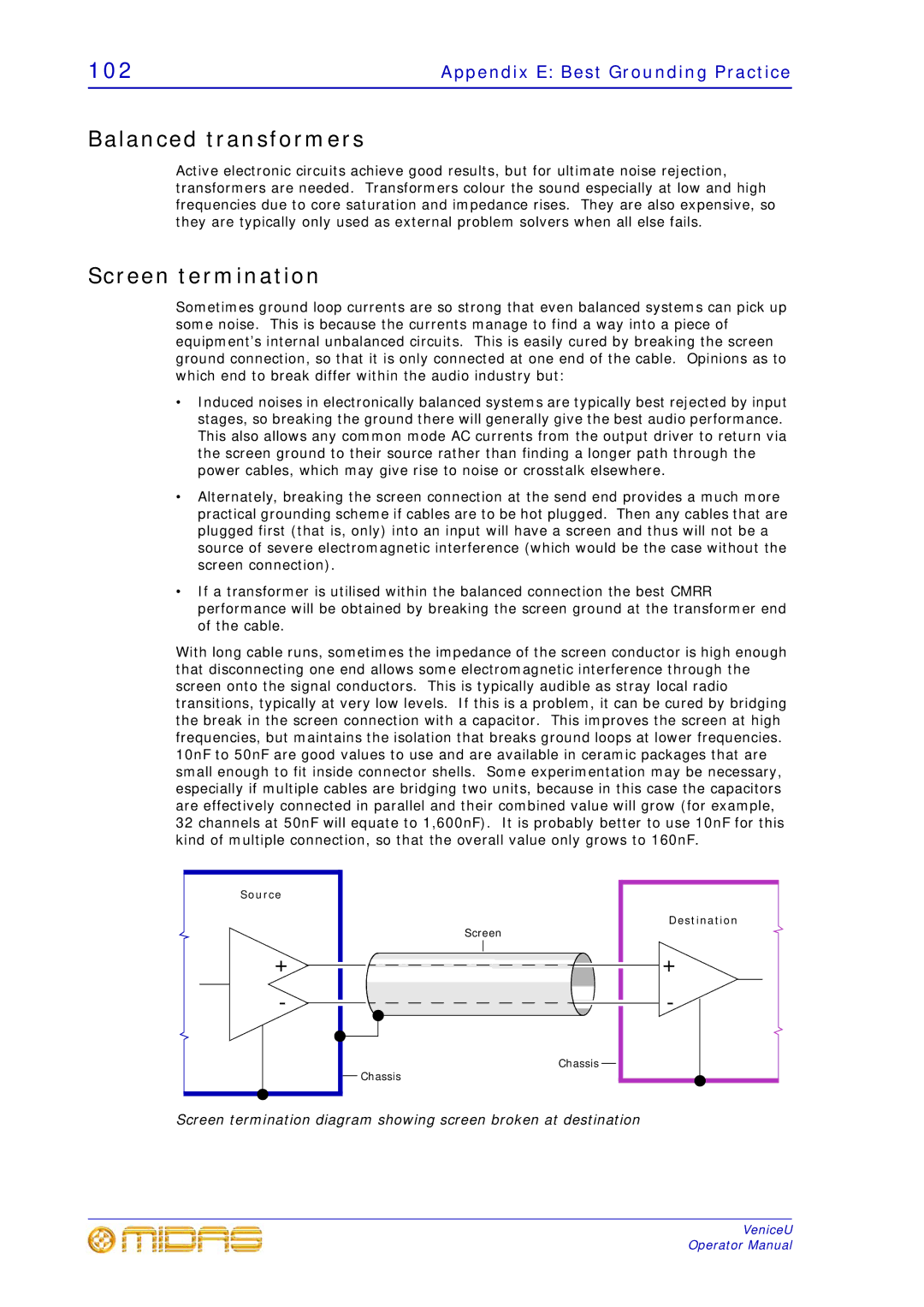 Midas Consoles U24, U32, U16 technical specifications Balanced transformers, Screen termination 