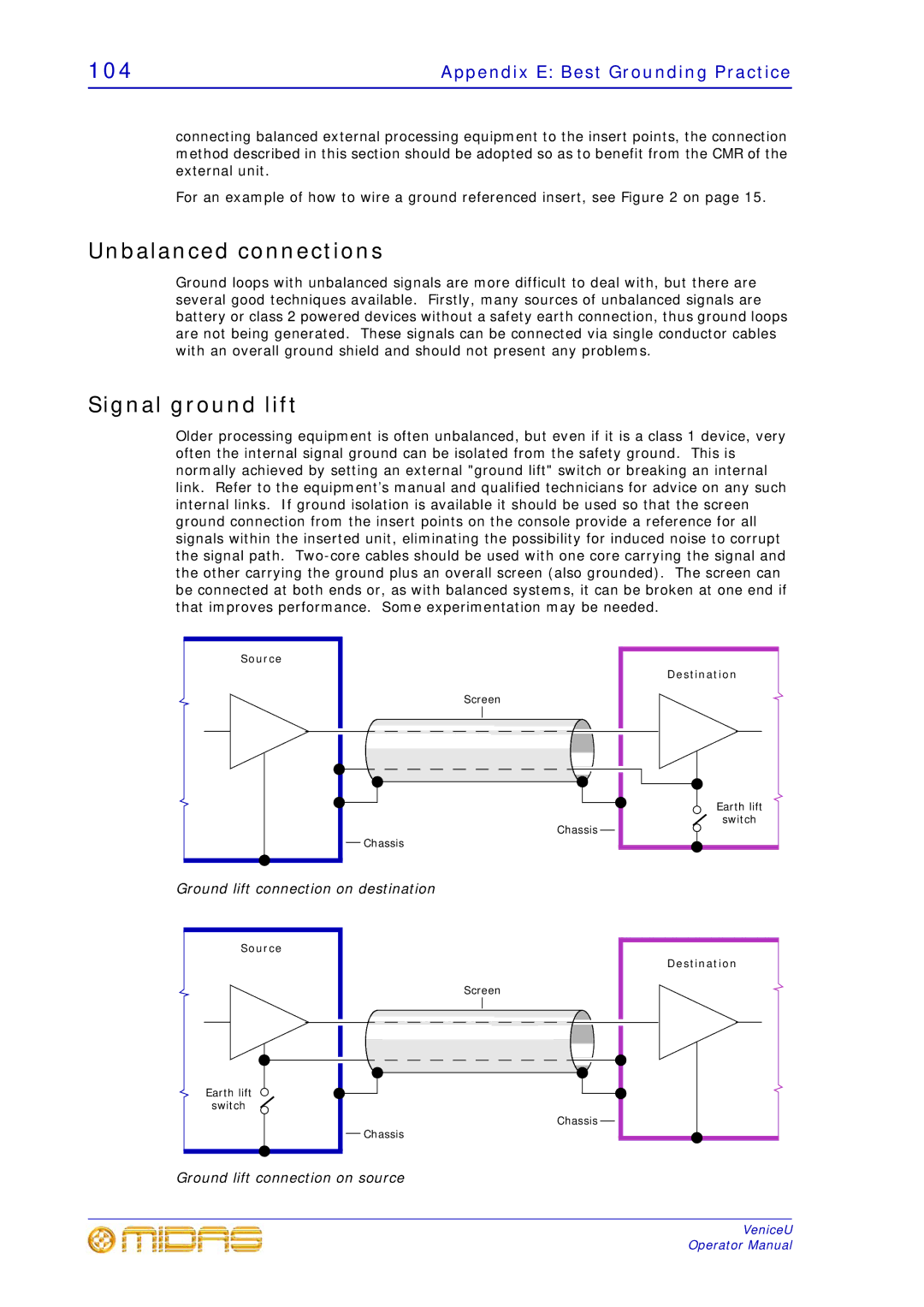 Midas Consoles U32, U24, U16 technical specifications Unbalanced connections, Signal ground lift 