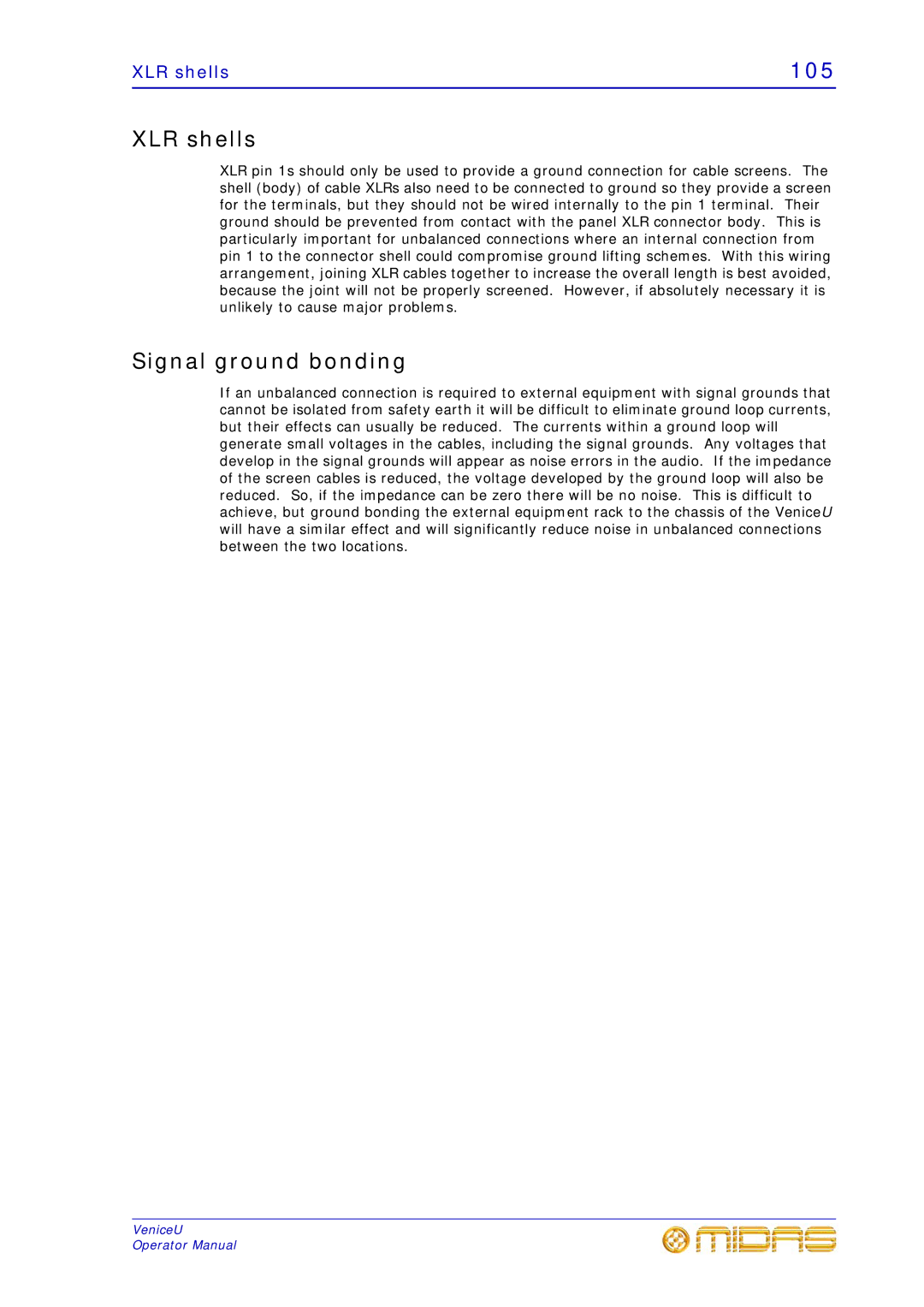 Midas Consoles U24, U32, U16 technical specifications XLR shells, Signal ground bonding 