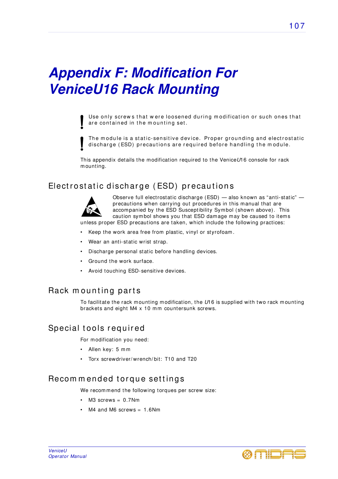 Midas Consoles U32, U24 Appendix F Modification For VeniceU16 Rack Mounting, Electrostatic discharge ESD precautions 