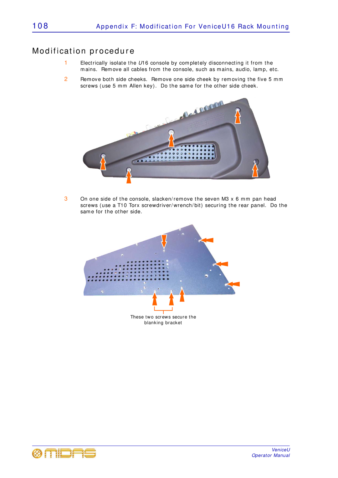 Midas Consoles U24, U32 technical specifications Modification procedure, Appendix F Modification For VeniceU16 Rack Mounting 