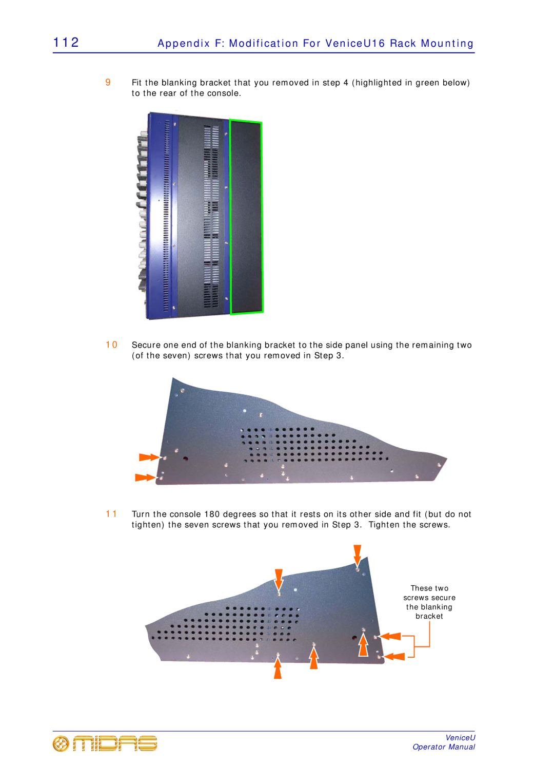 Midas Consoles U32, U24 technical specifications Appendix F Modification For VeniceU16 Rack Mounting 