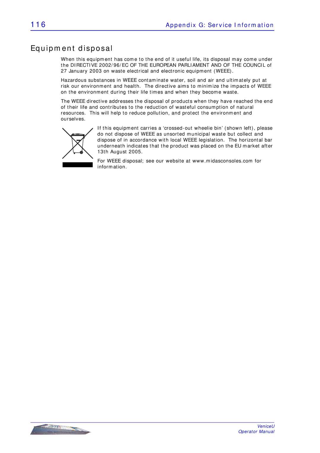 Midas Consoles U32, U24, U16 technical specifications Equipment disposal, Appendix G Service Information 