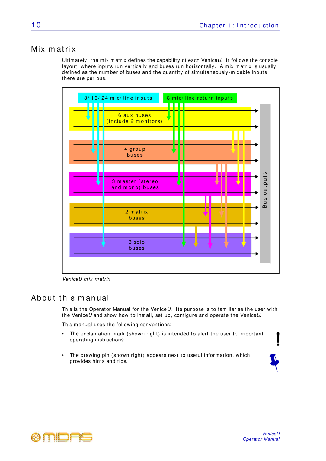Midas Consoles U16, U32, U24 technical specifications Mix matrix, About this manual, Bus outputs 