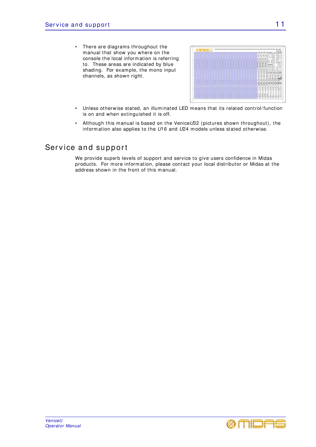 Midas Consoles U32, U24, U16 technical specifications Service and support 