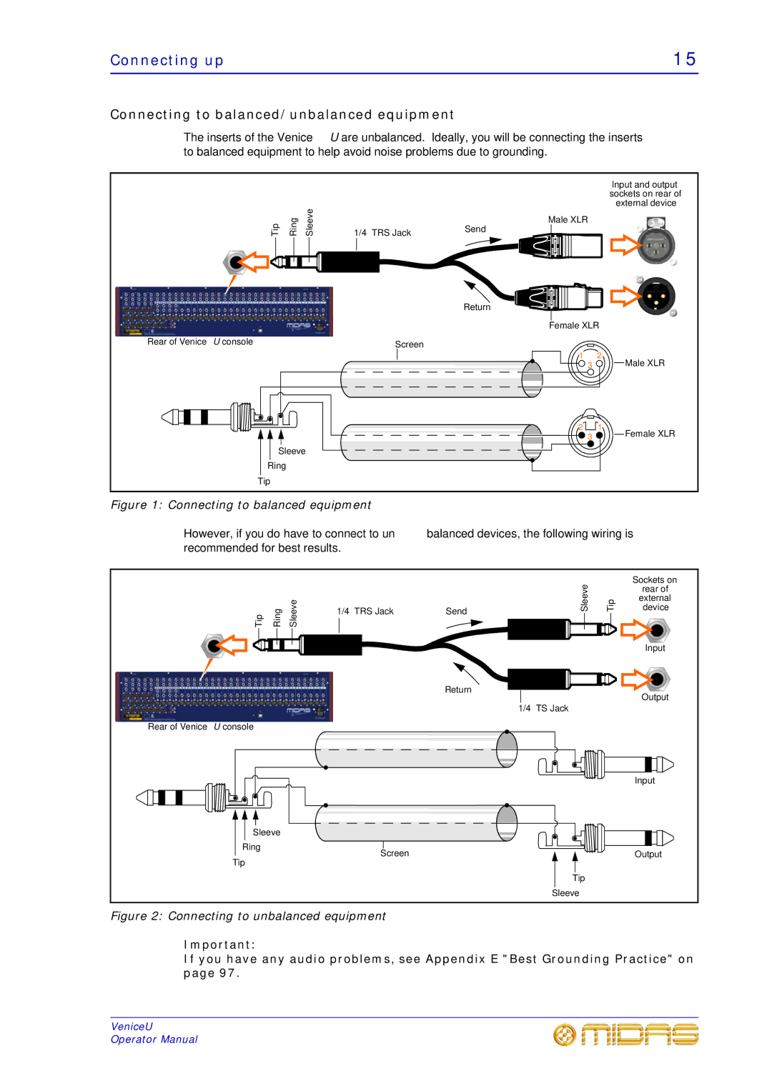 Midas Consoles U24, U32, U16 technical specifications Connecting up, Connecting to balanced/unbalanced equipment 