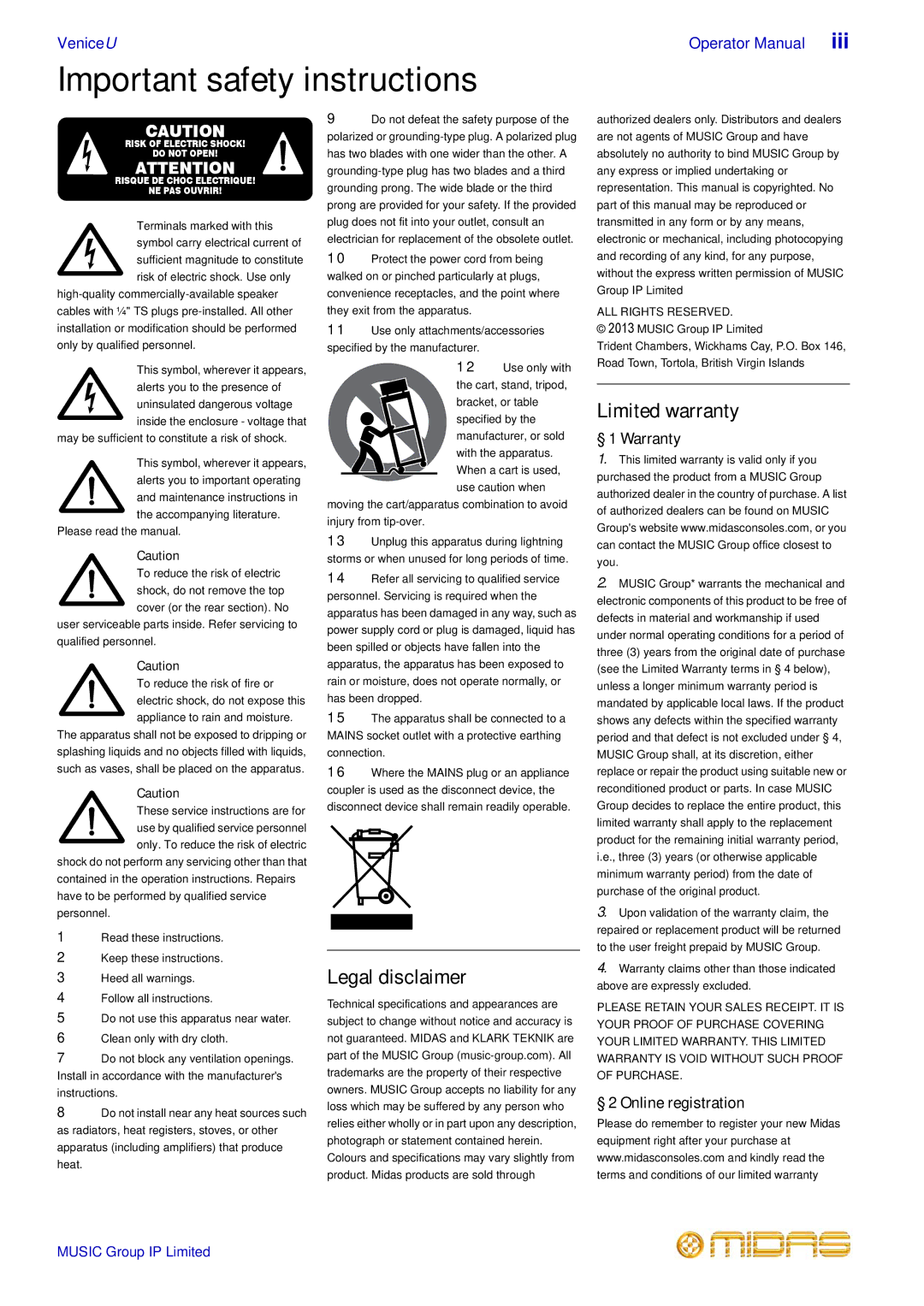 Midas Consoles U32, U24, U16 technical specifications Important safety instructions 