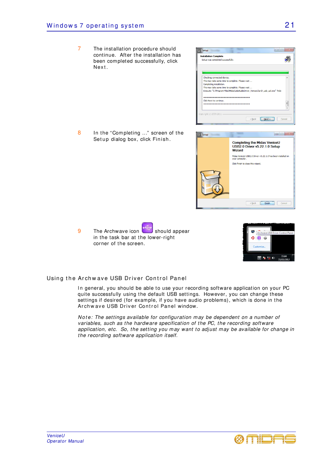 Midas Consoles U24, U32, U16 technical specifications Windows 7 operating system, Using the Archwave USB Driver Control Panel 