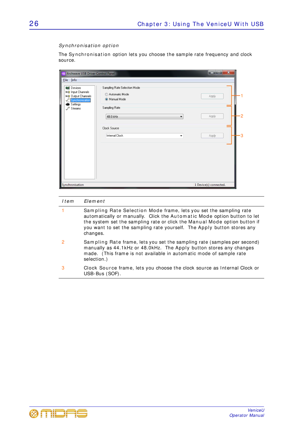 Midas Consoles U32, U24, U16 technical specifications Synchronisation option 