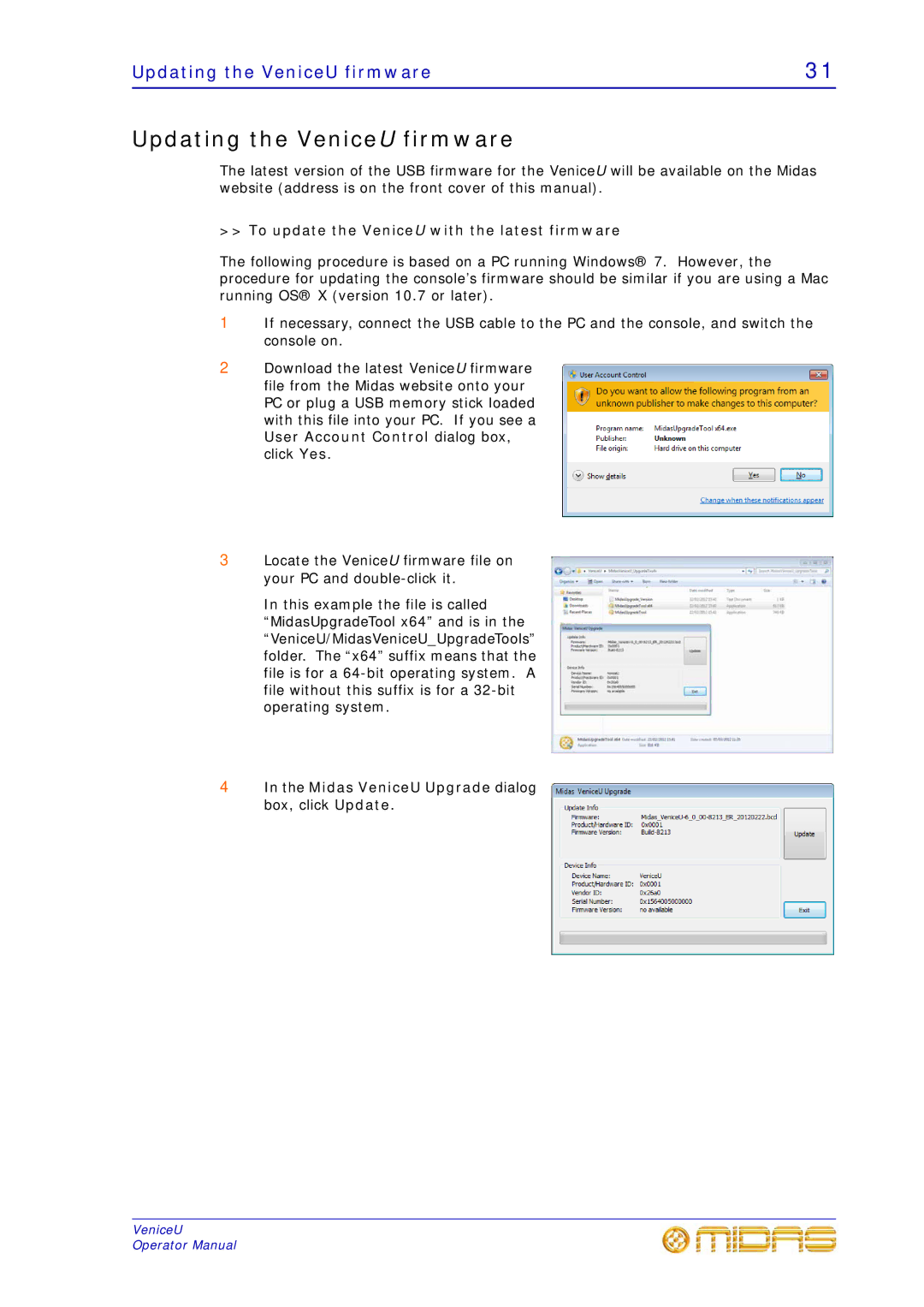 Midas Consoles U16, U32, U24 technical specifications Updating the VeniceU firmware 