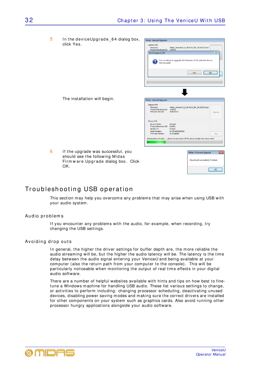 Midas Consoles U32, U24, U16 technical specifications Troubleshooting USB operation, Audio problems, Avoiding drop outs 