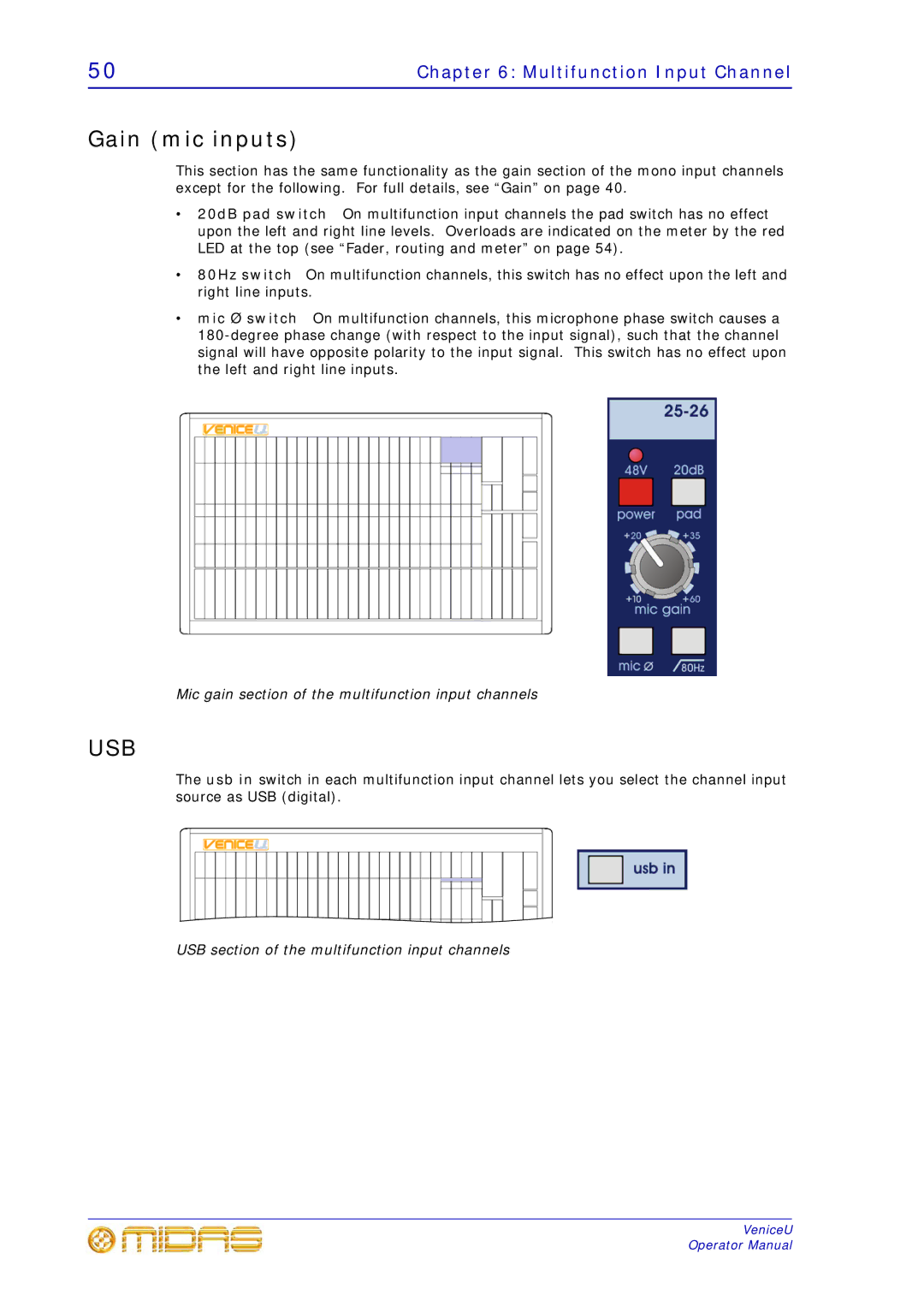 Midas Consoles U32, U24, U16 technical specifications Gain mic inputs, Usb 