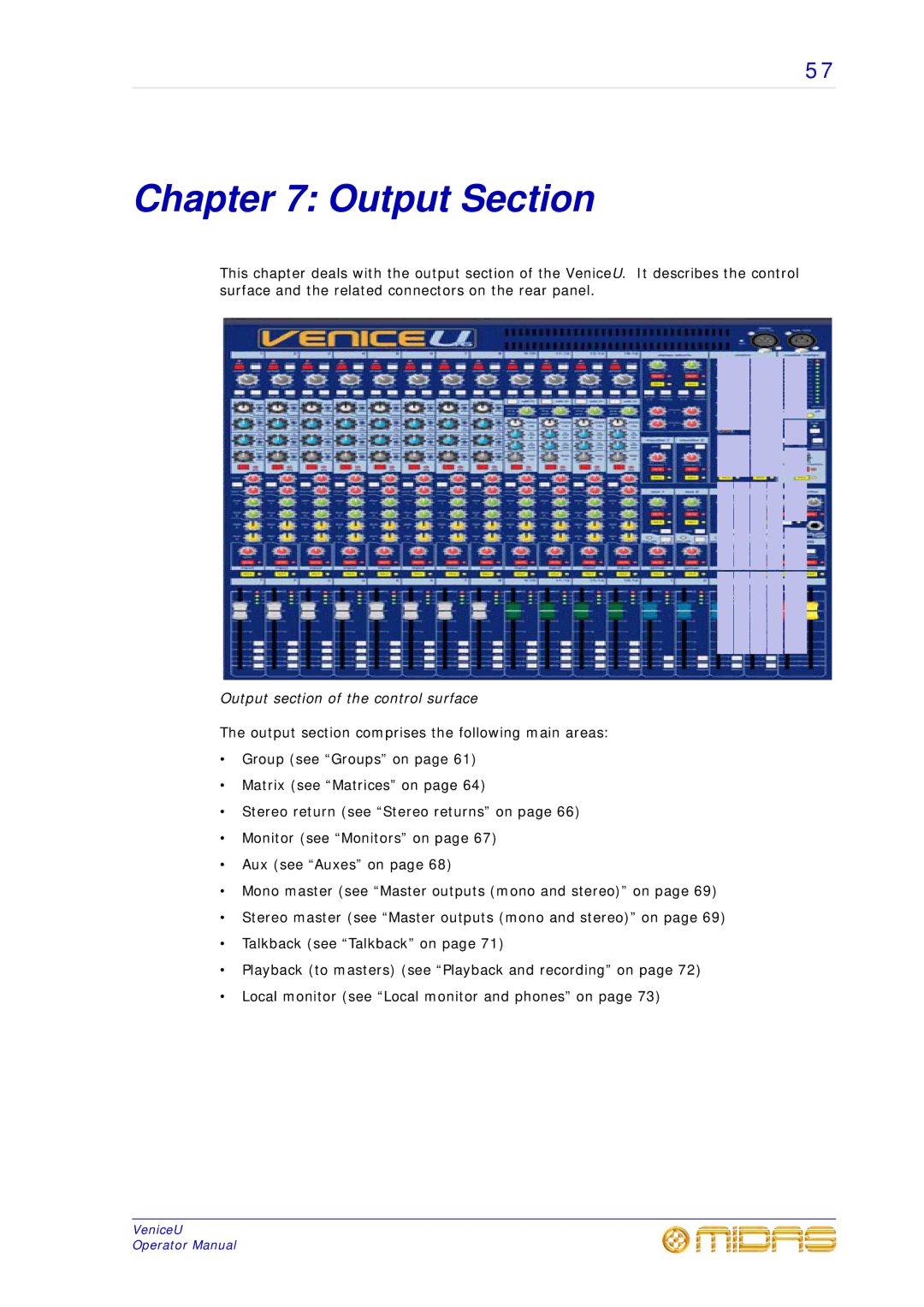 Midas Consoles U24, U32, U16 technical specifications Output Section, Output section of the control surface 