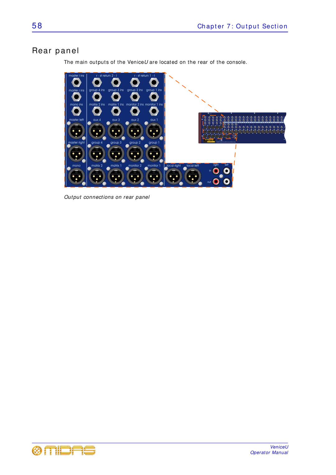 Midas Consoles U16, U32, U24 technical specifications Rear panel, Output Section 