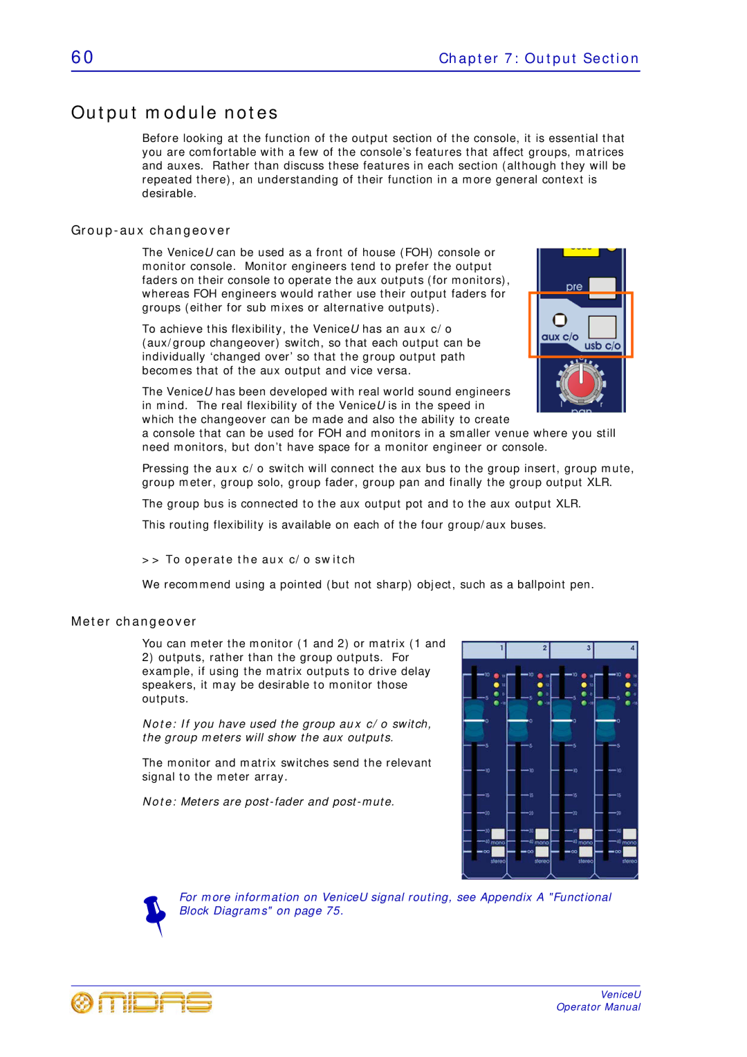 Midas Consoles U24, U32, U16 technical specifications Output module notes, Group-aux changeover, Meter changeover 