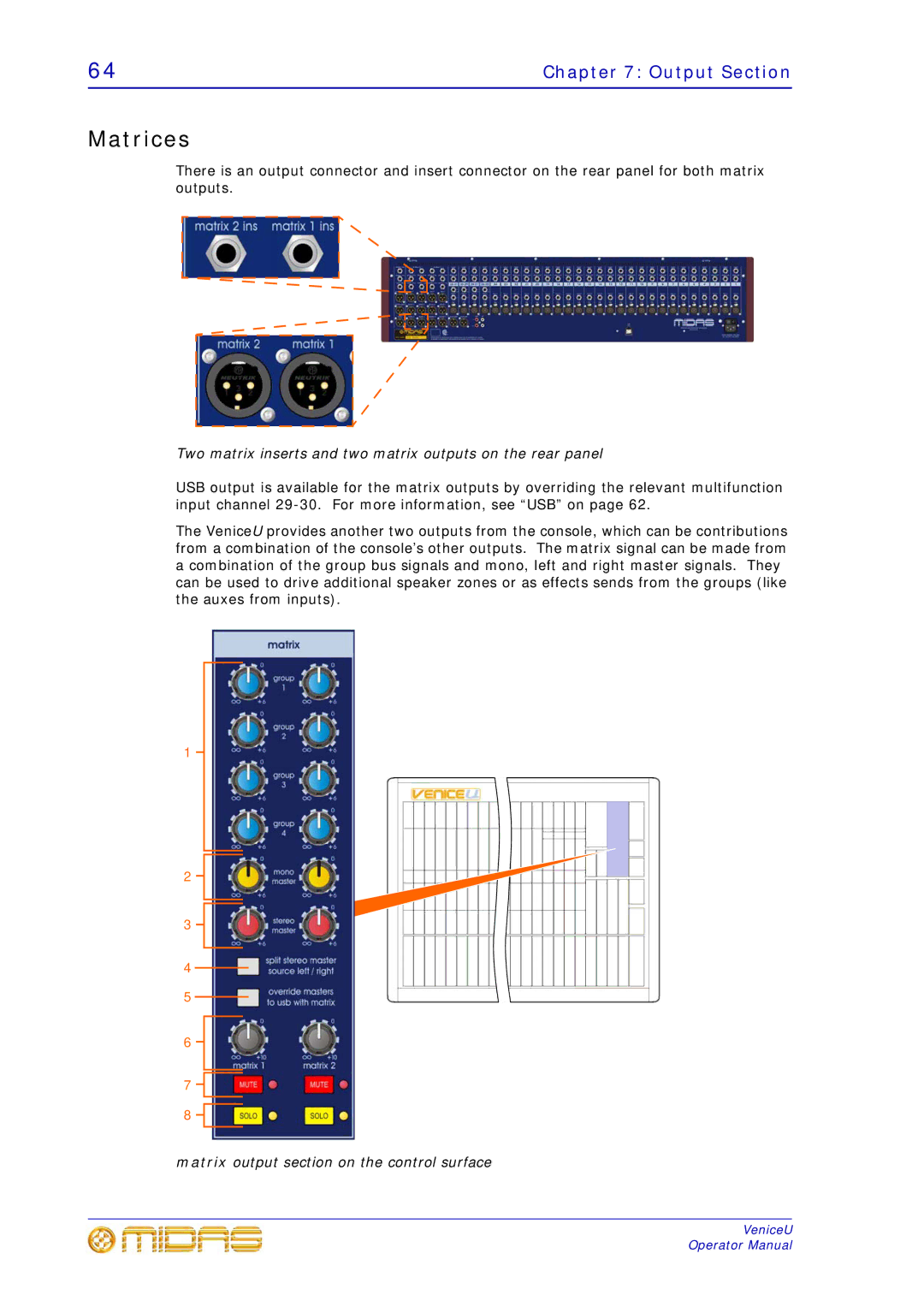 Midas Consoles U16, U32, U24 technical specifications Matrices, Two matrix inserts and two matrix outputs on the rear panel 