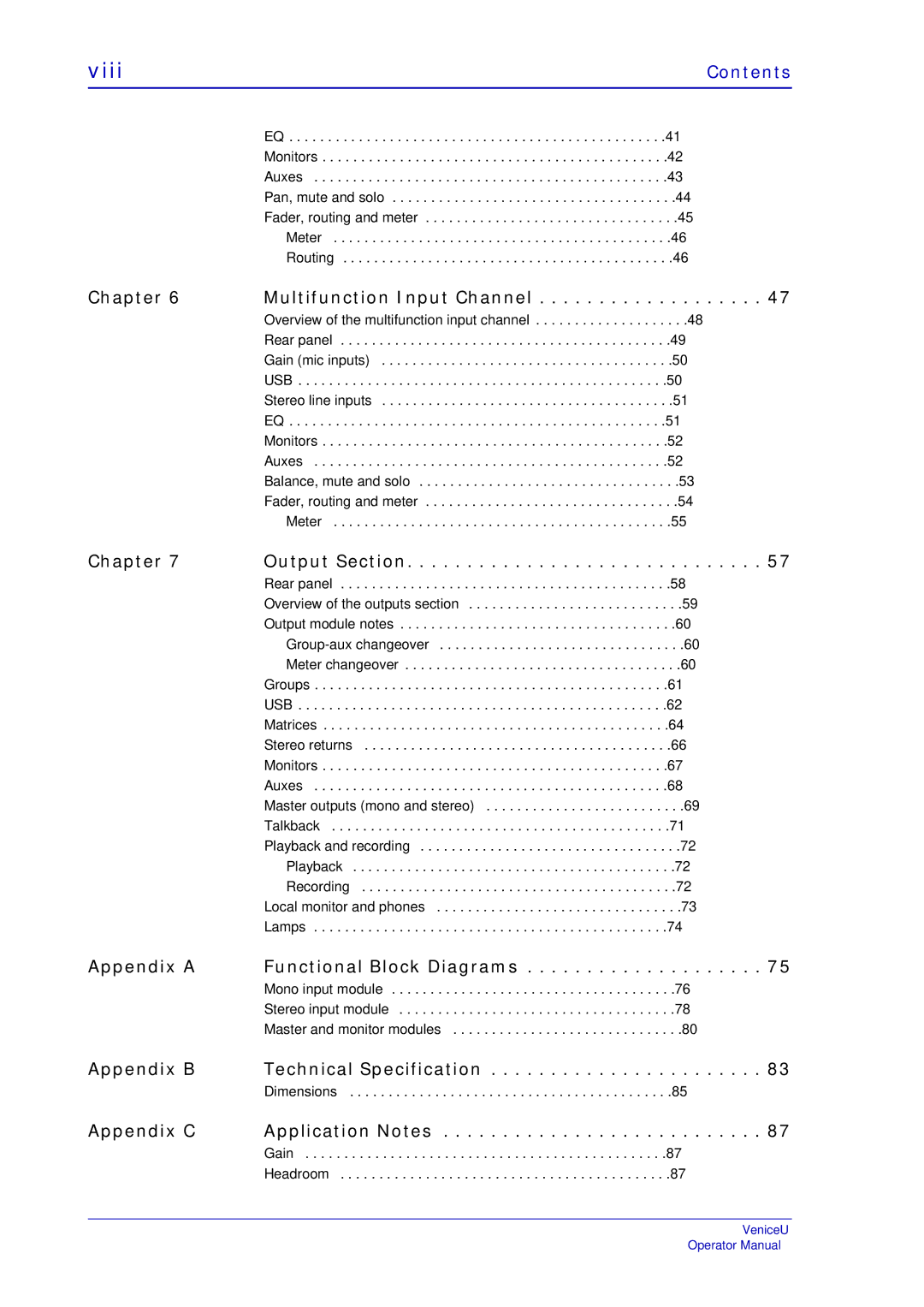 Midas Consoles U16, U32, U24 technical specifications Viii, Contents 