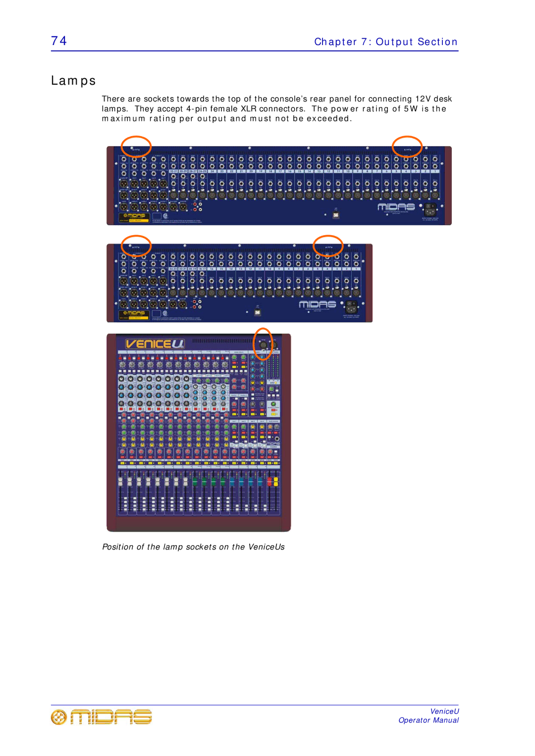 Midas Consoles U32, U24, U16 technical specifications Lamps 