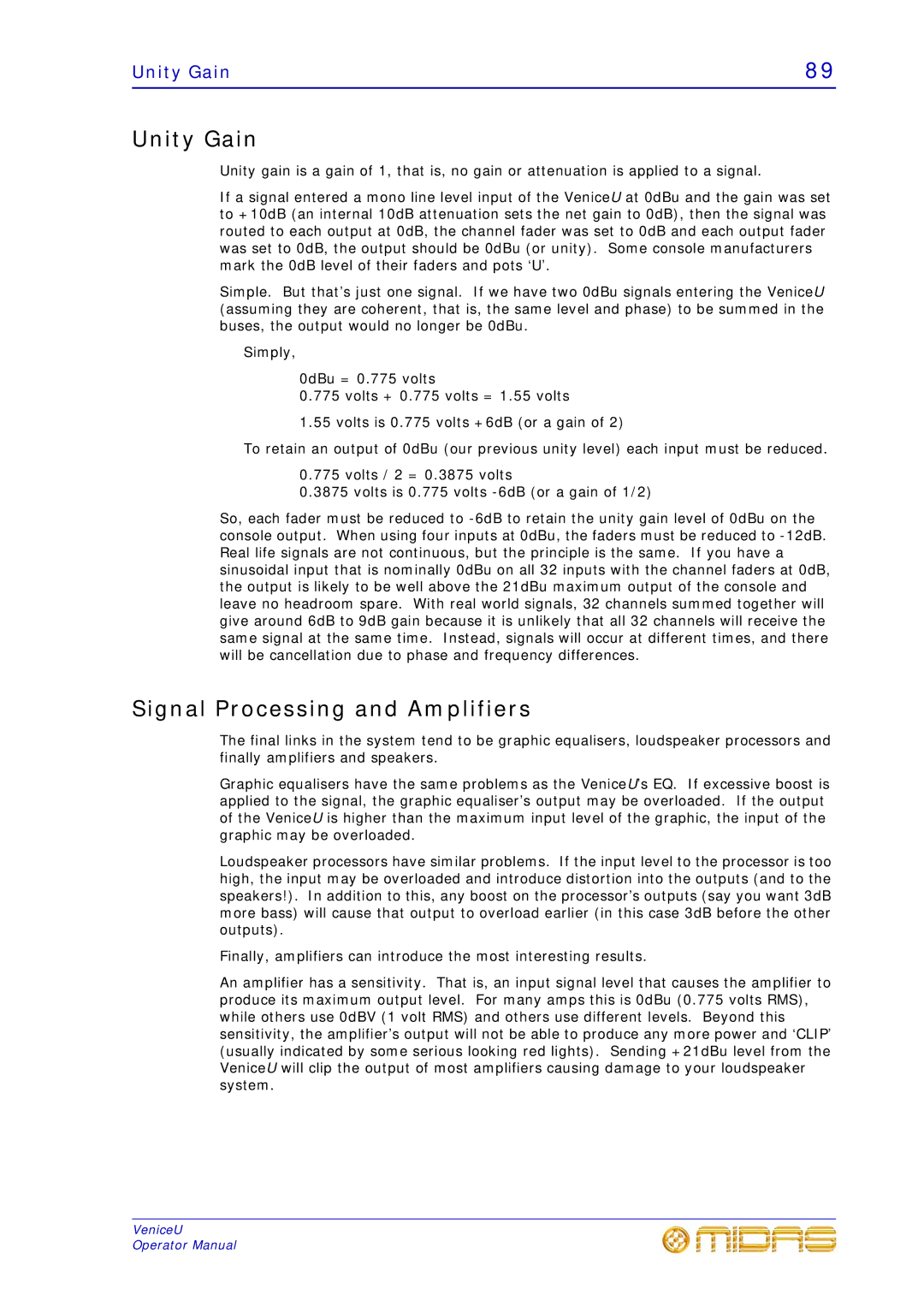 Midas Consoles U32, U24, U16 technical specifications Unity Gain, Signal Processing and Amplifiers 