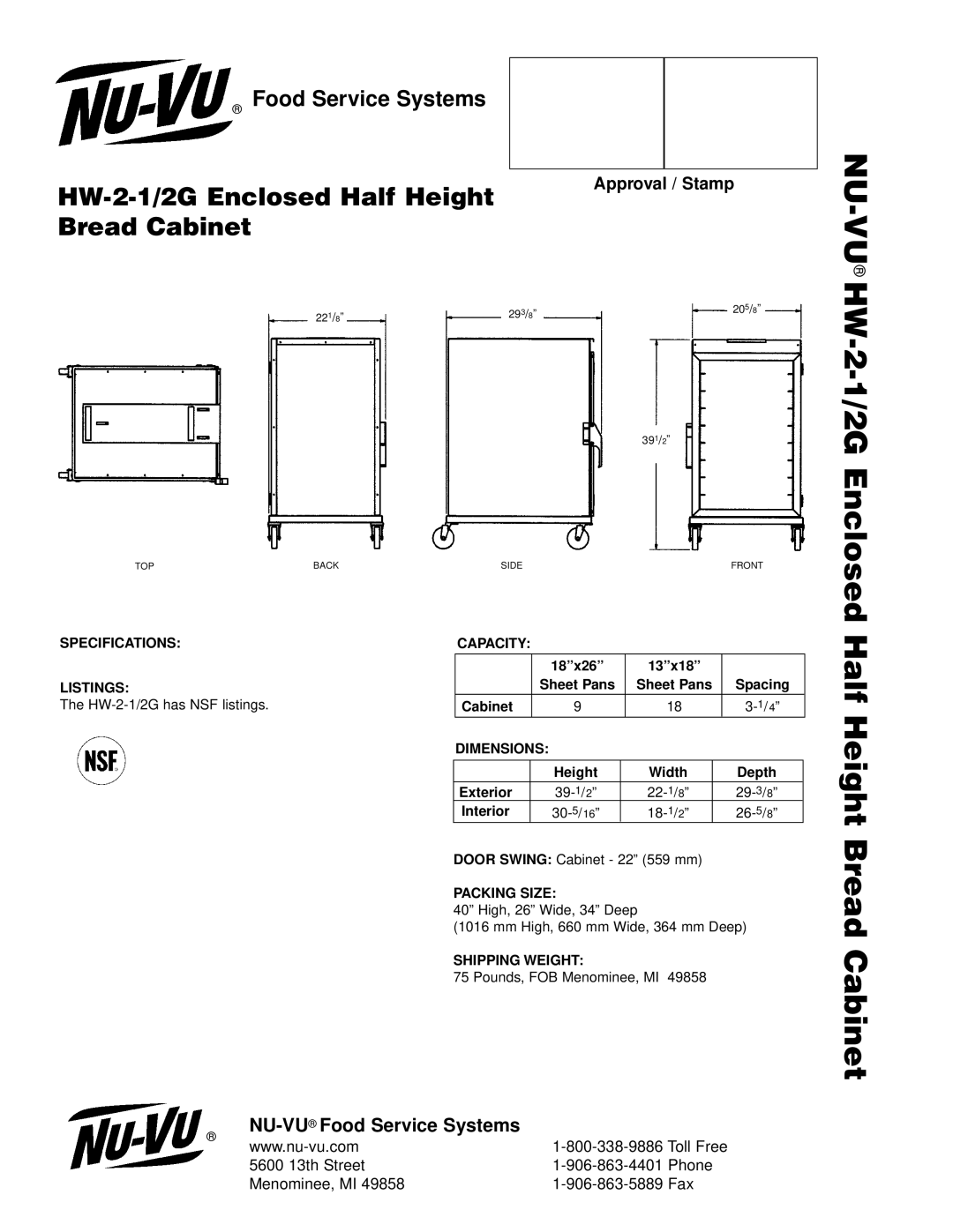 Middleby Cooking Systems Group HW-2-1/2G manual Nu-Vu 