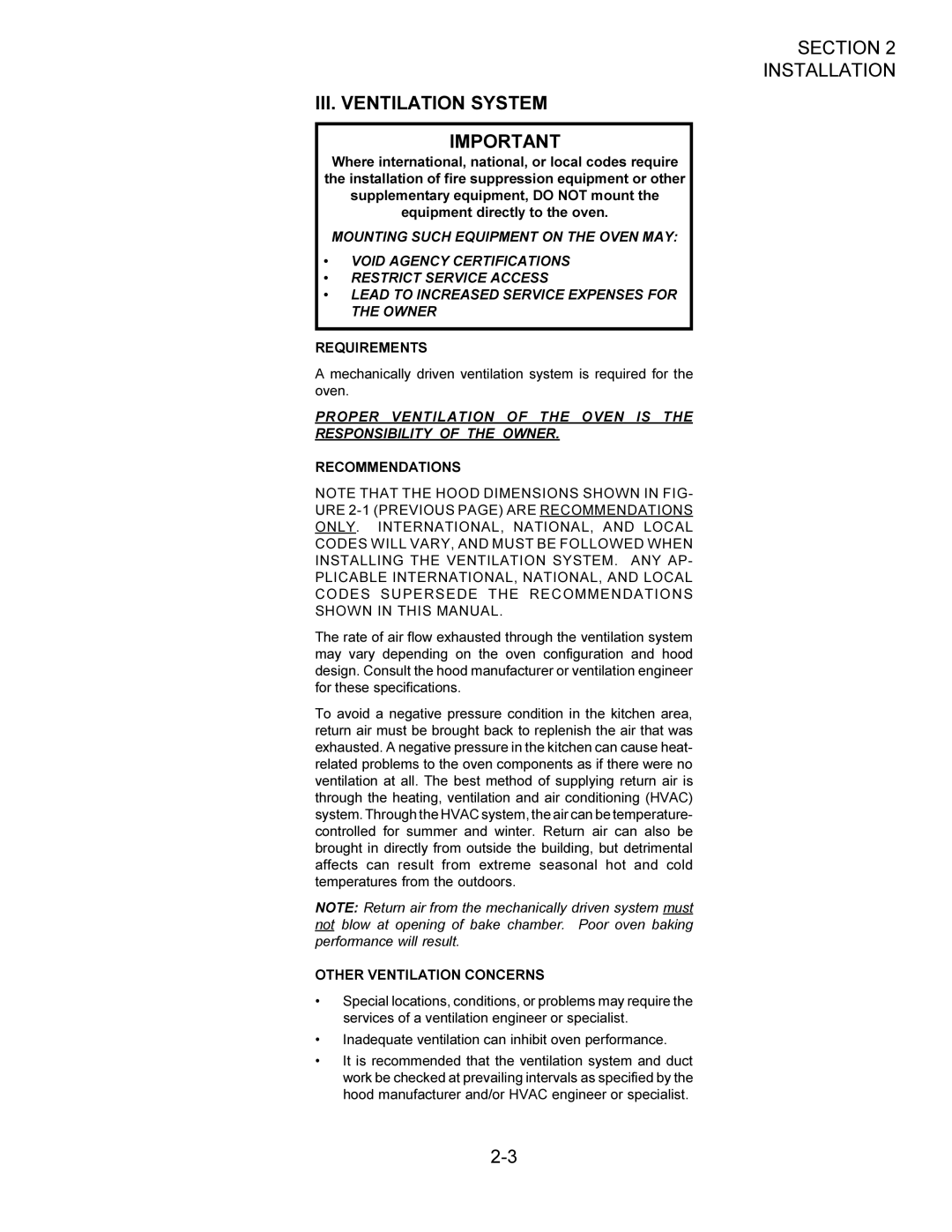 Middleby Cooking Systems Group PS360/PS360WB manual III. Ventilation System, Requirements, Recommendations 