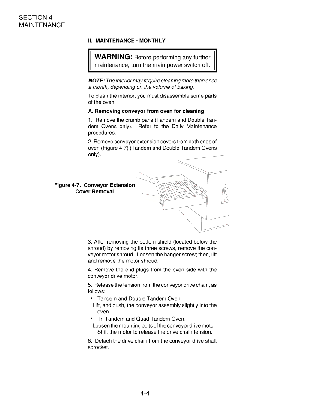 Middleby Cooking Systems Group PS360/PS360WB manual II. Maintenance Monthly, Removing conveyor from oven for cleaning 