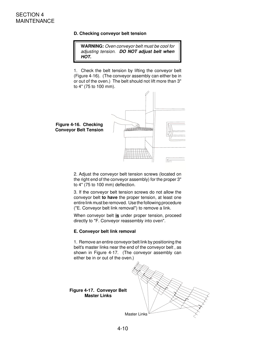 Middleby Cooking Systems Group PS360/PS360WB manual Checking conveyor belt tension, Conveyor belt link removal 