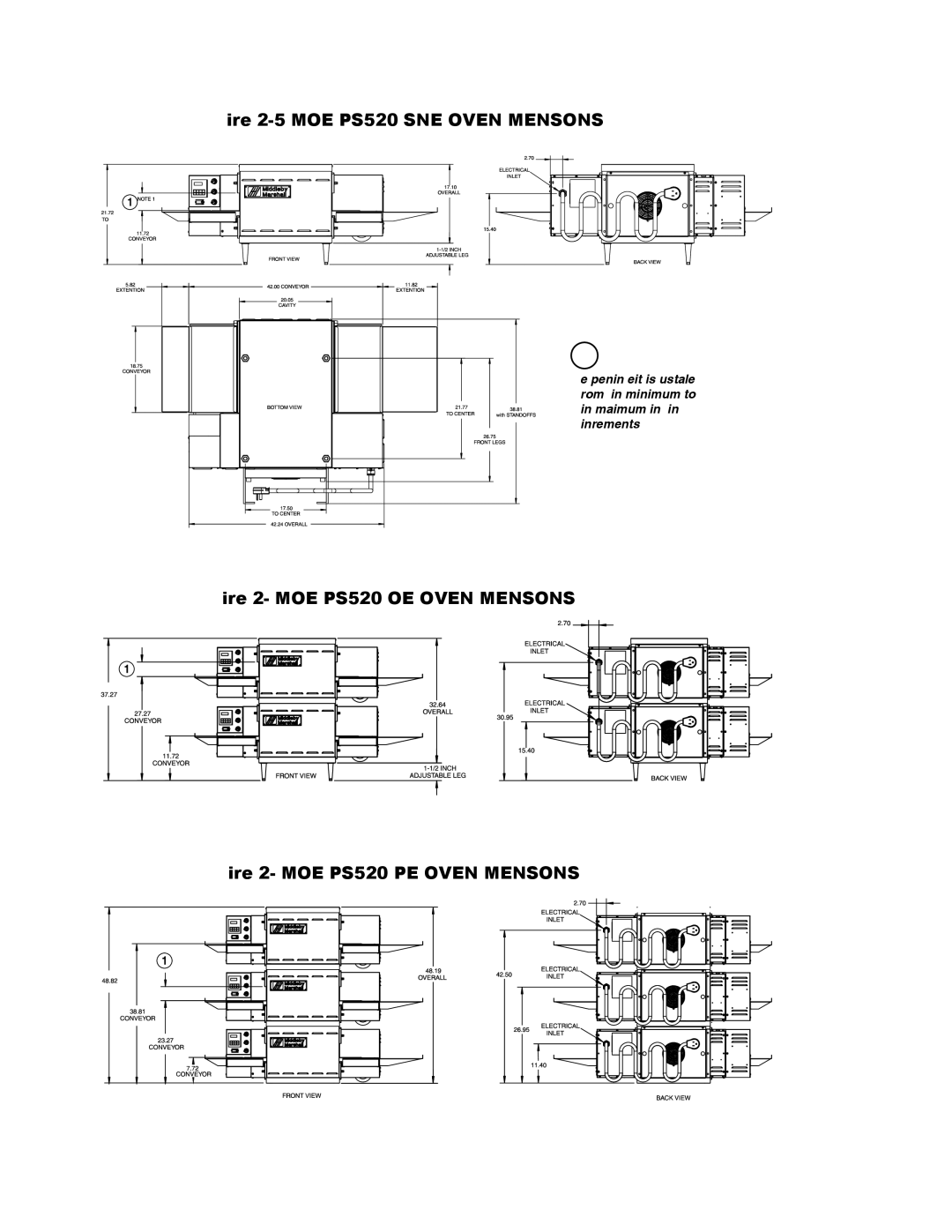 Middleby Cooking Systems Group PS520E operation manual Model PS520 Single Oven Dimensions 