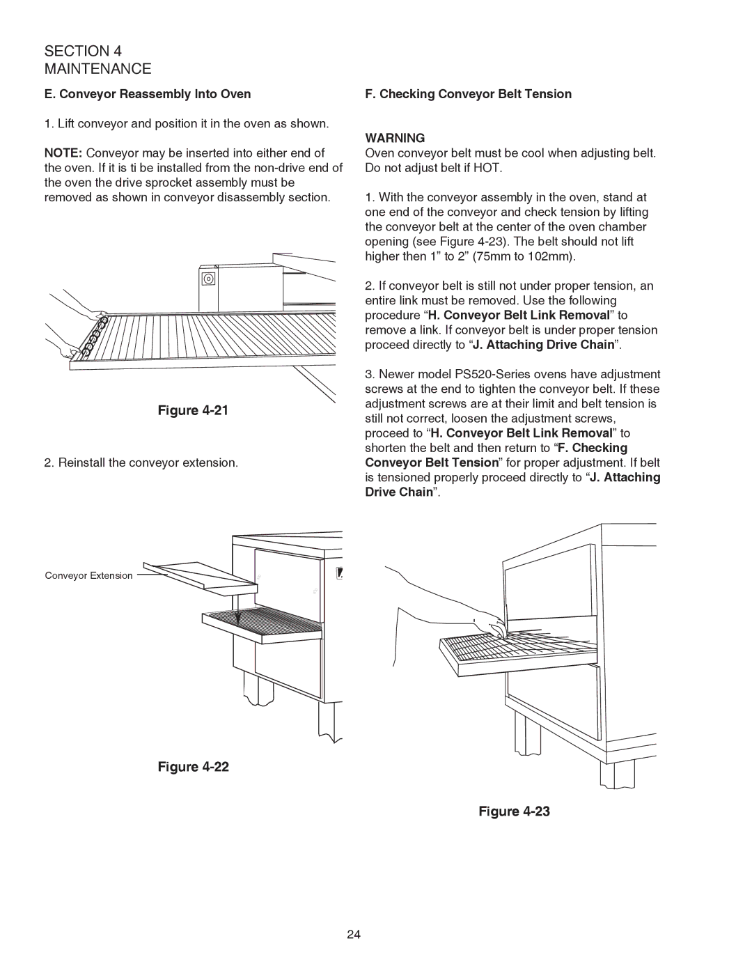 Middleby Cooking Systems Group PS520E operation manual Conveyor Reassembly Into Oven, Checking Conveyor Belt Tension 