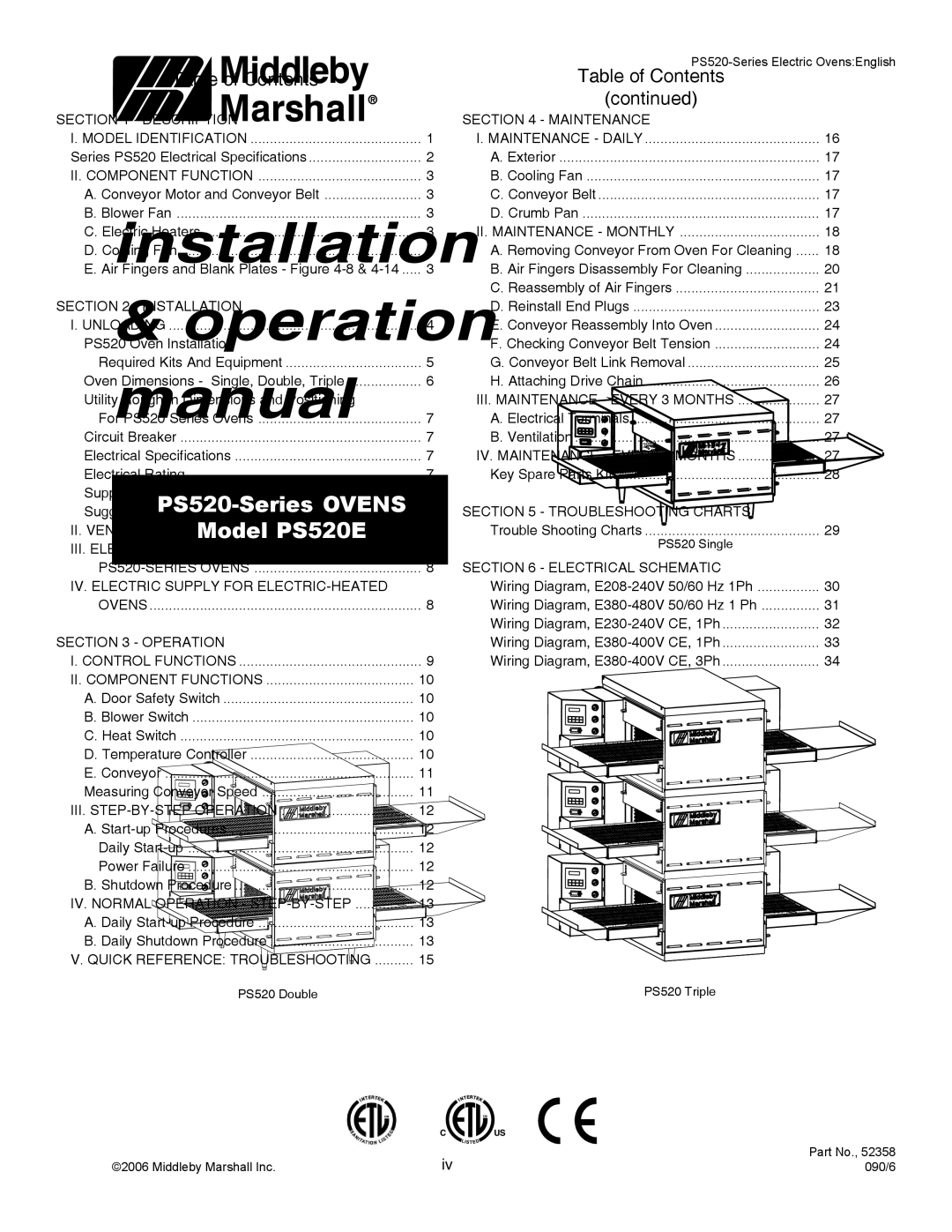 Middleby Cooking Systems Group PS520E operation manual Table of Contents 