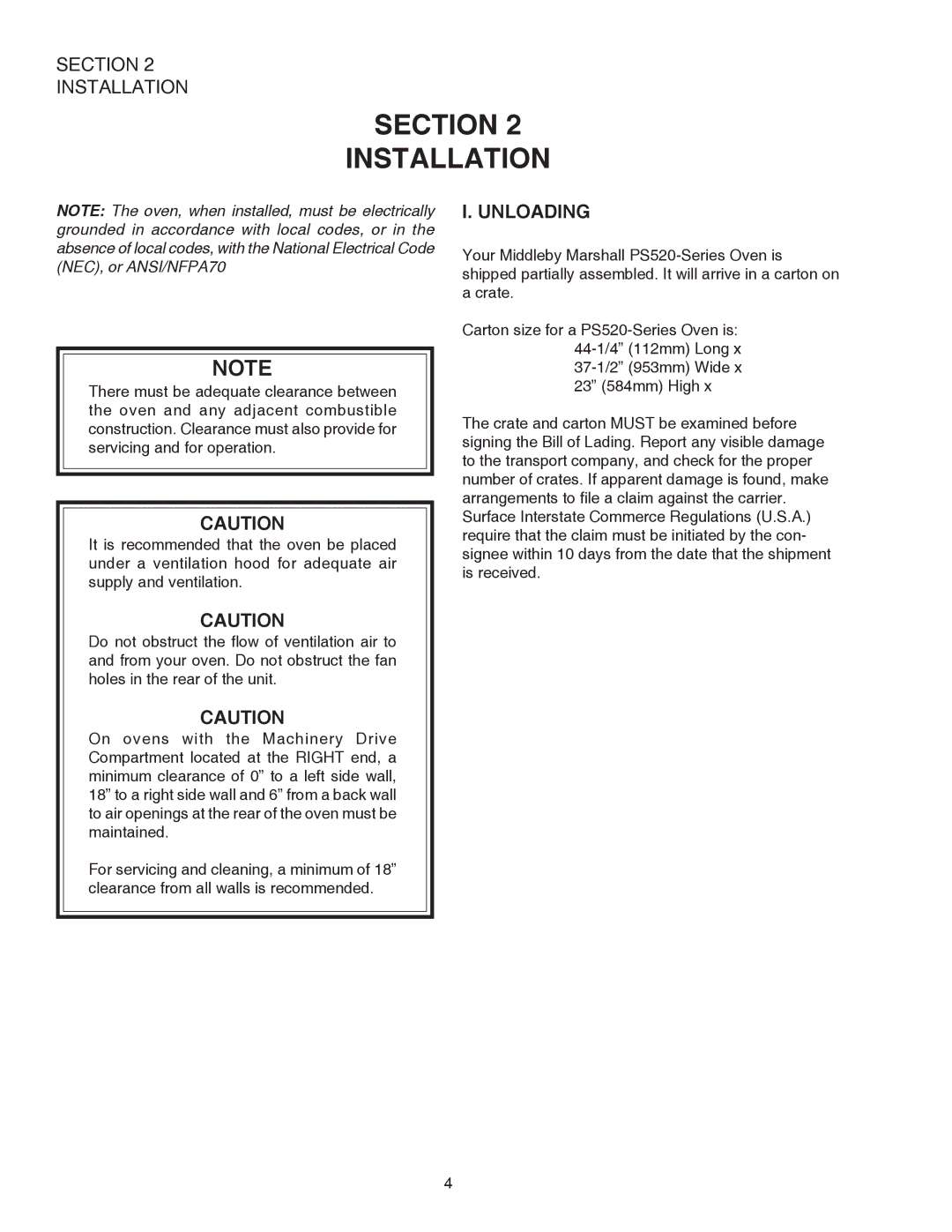 Middleby Cooking Systems Group PS520E operation manual Section Installation, Unloading 