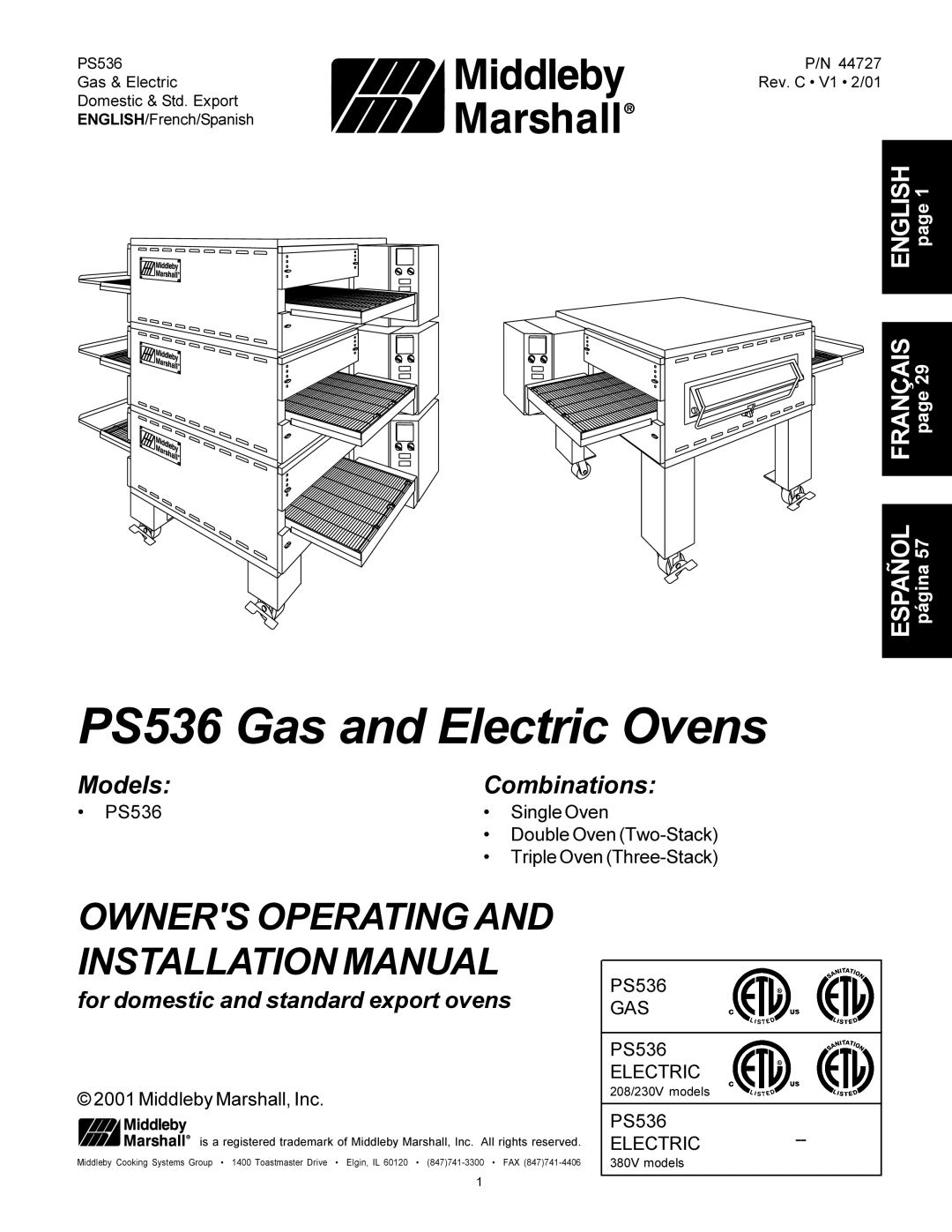 Middleby Cooking Systems Group manual PS536 Gas and Electric Ovens 