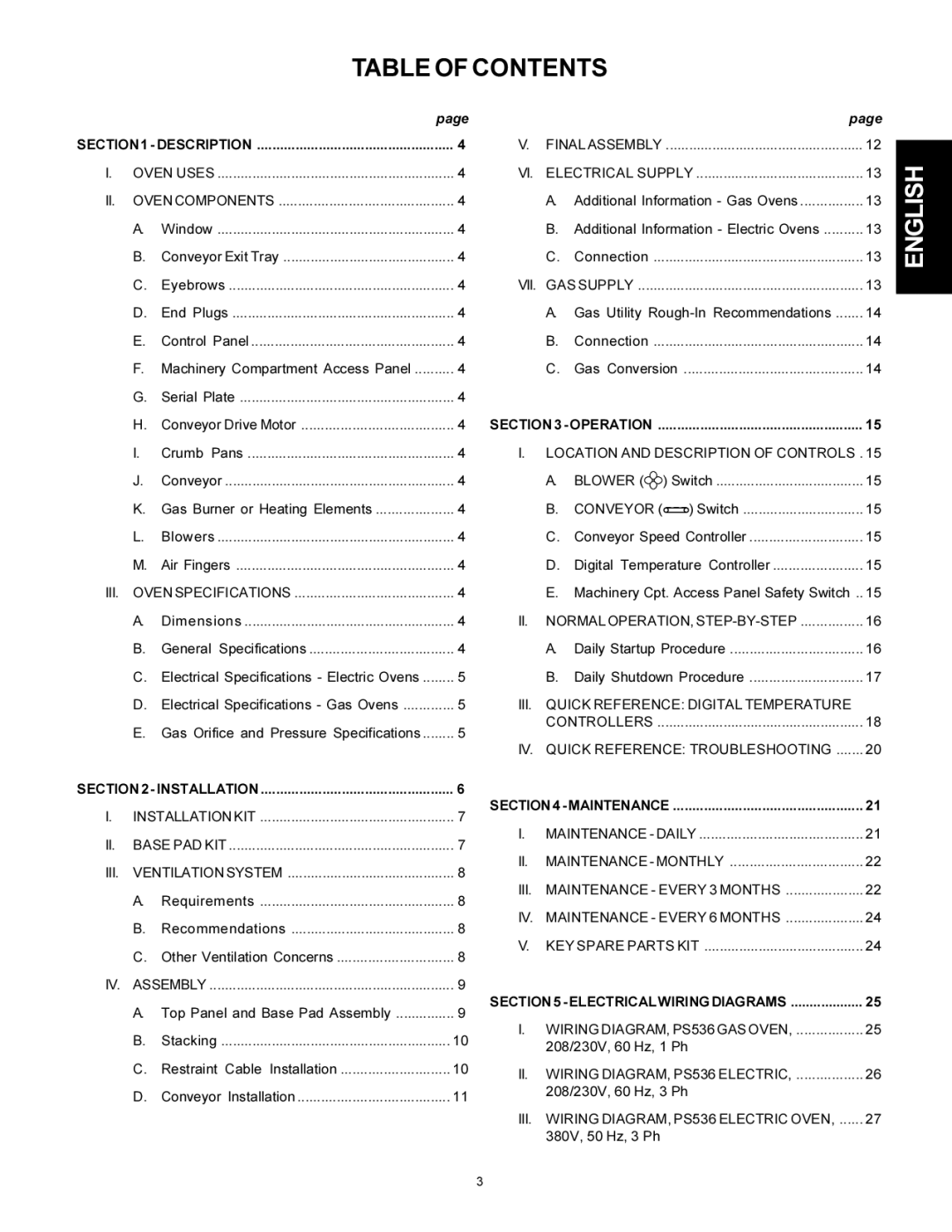 Middleby Cooking Systems Group PS536 manual Table of Contents 