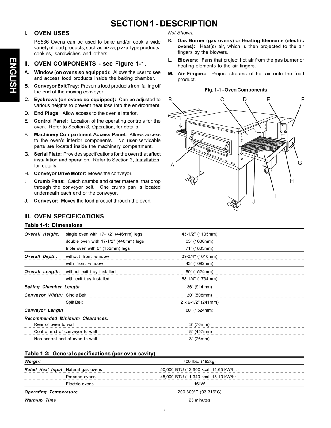 Middleby Cooking Systems Group PS536 manual Oven Uses, II. Oven Components see Figure, III. Oven Specifications 