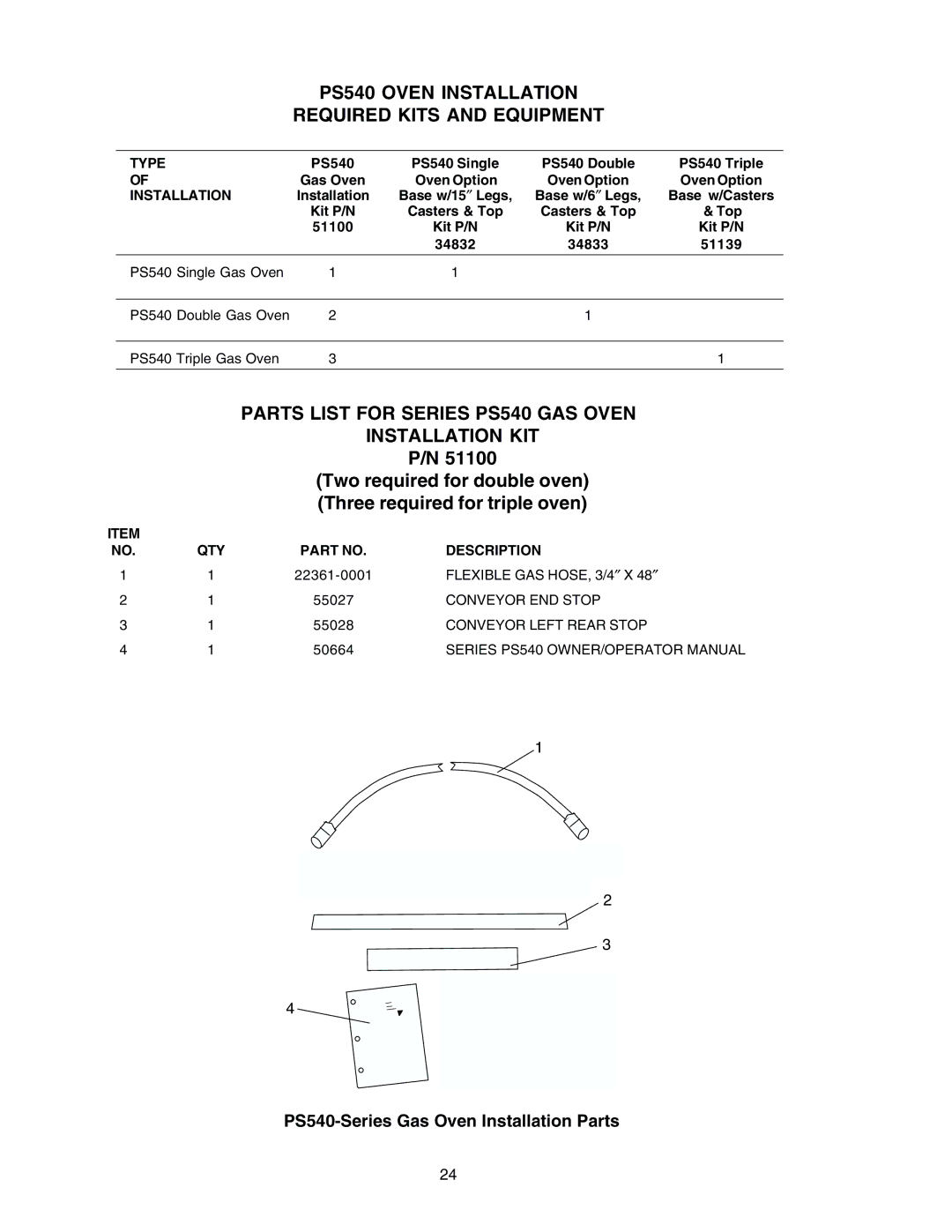 Middleby Cooking Systems Group PS540G manual PS540 Oven Installation Required Kits and Equipment 