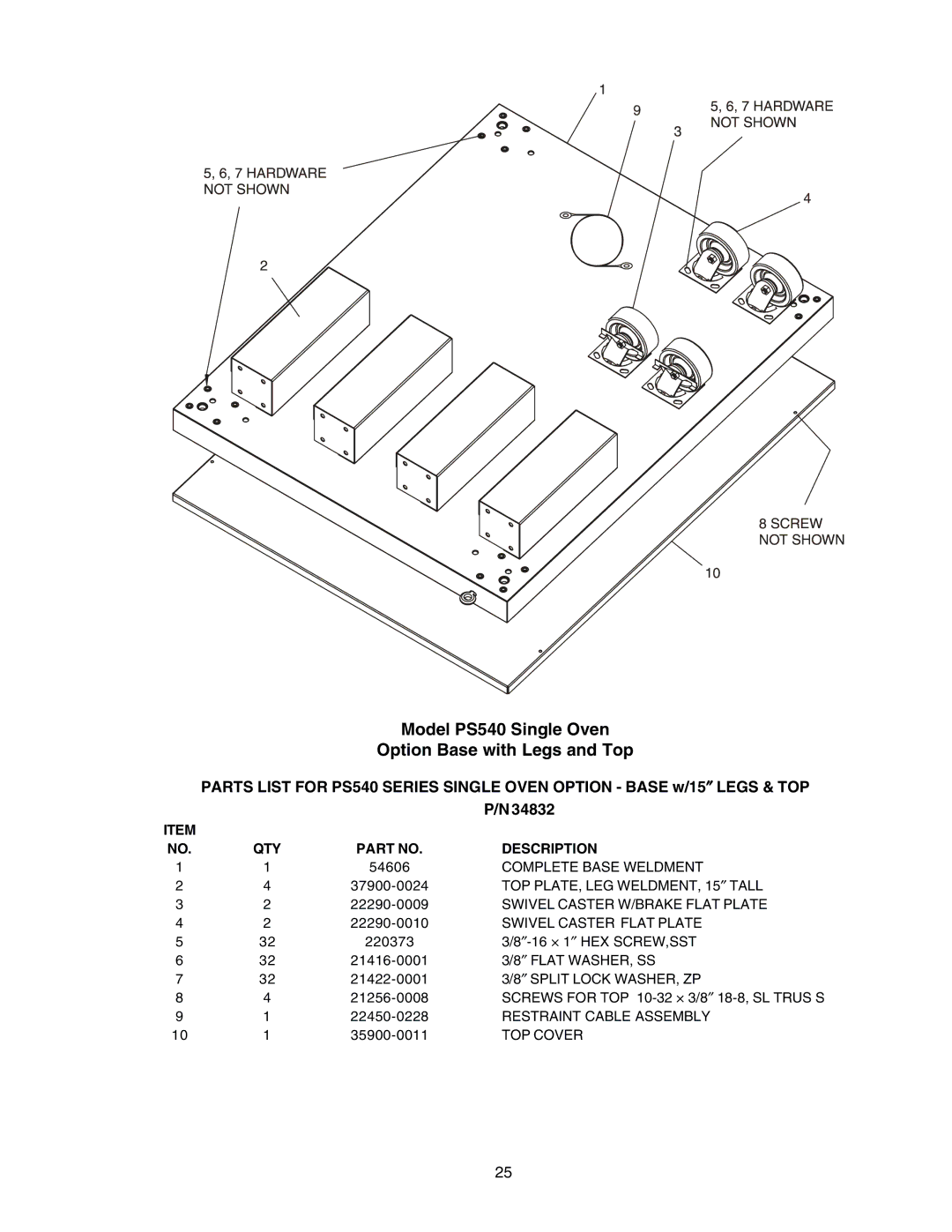 Middleby Cooking Systems Group PS540G manual Model PS540 Single Oven Option Base with Legs and Top 