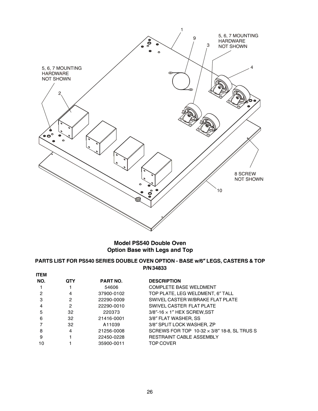 Middleby Cooking Systems Group PS540G manual Model PS540 Double Oven Option Base with Legs and Top 