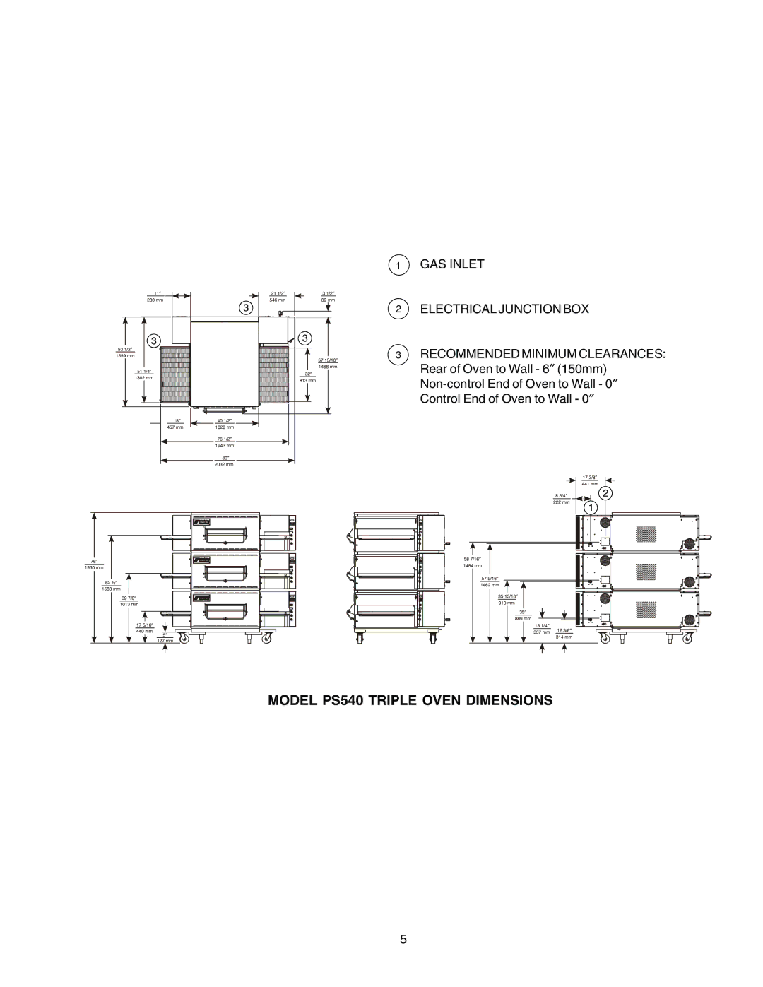 Middleby Cooking Systems Group PS540G manual Model PS540 Triple Oven Dimensions 