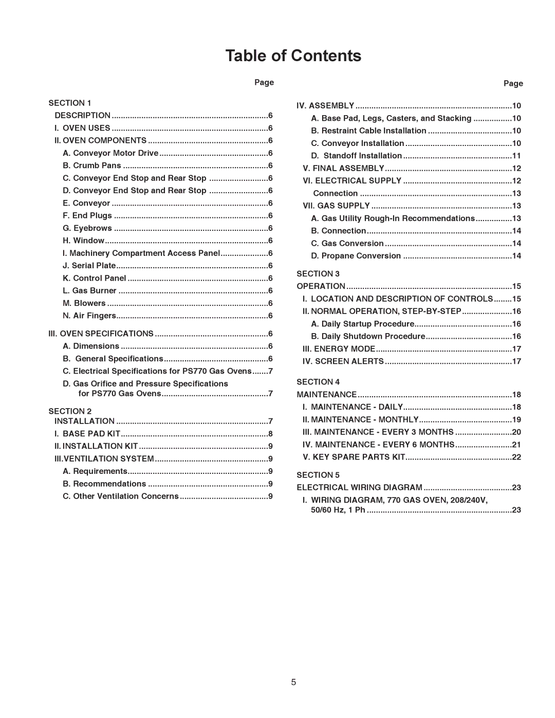 Middleby Cooking Systems Group PS770 installation manual Table of Contents 