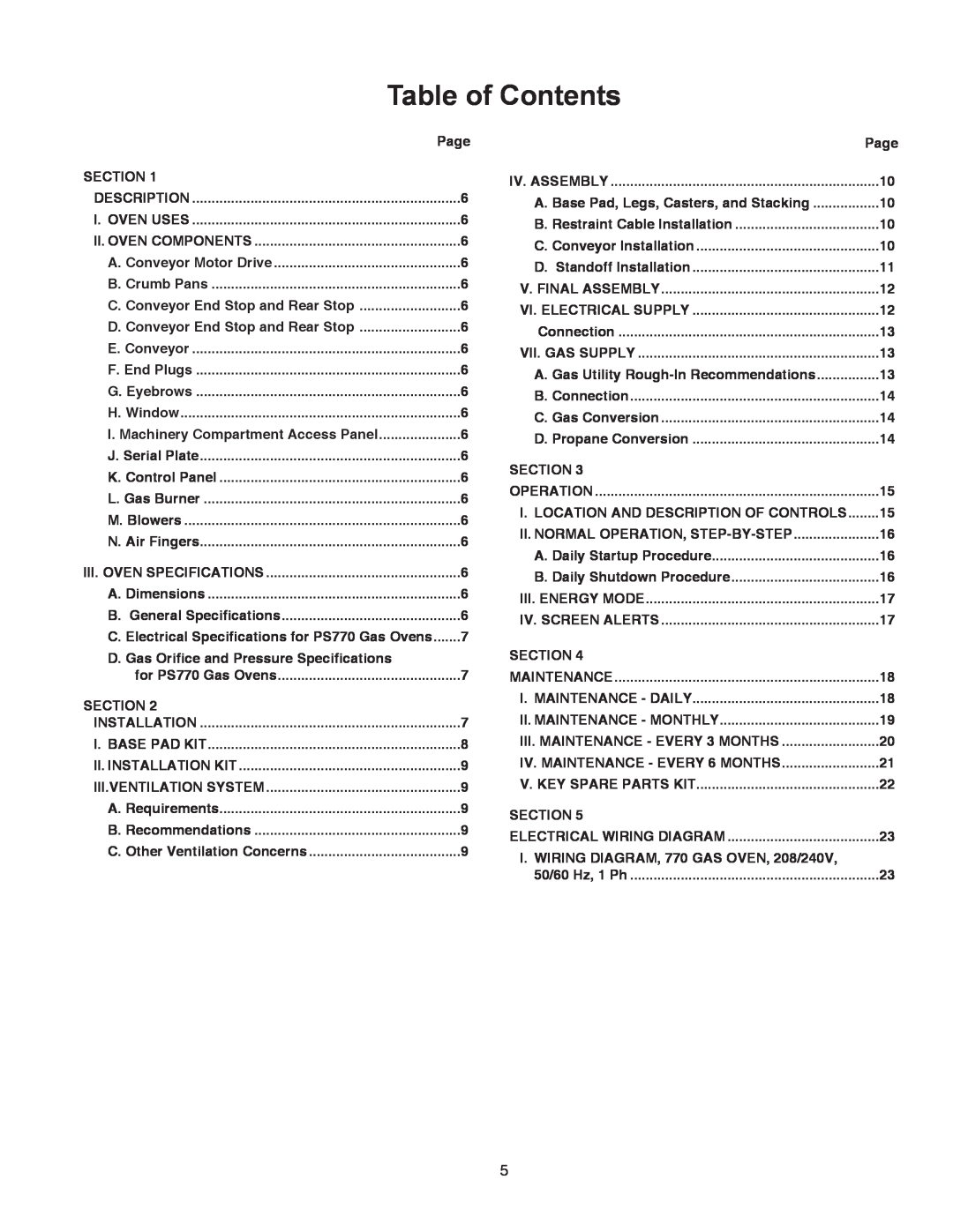 Middleby Cooking Systems Group PS770 installation manual Table of Contents 