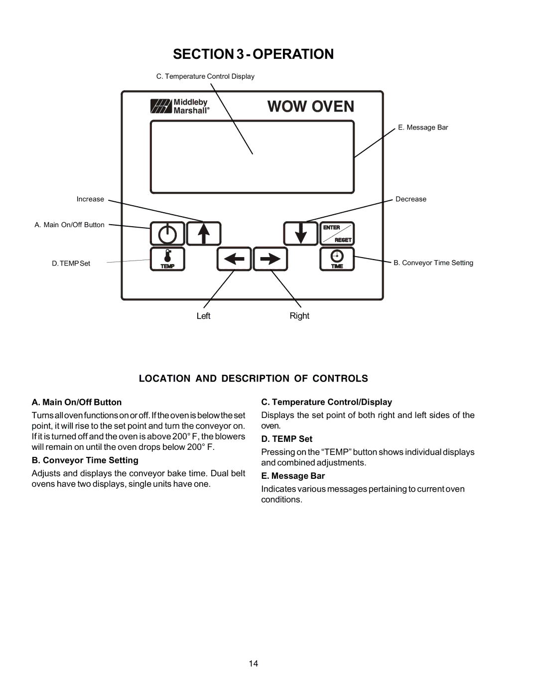 Middleby Cooking Systems Group PS870 Series manual Main On/Off Button, Conveyor Time Setting, Temperature Control/Display 