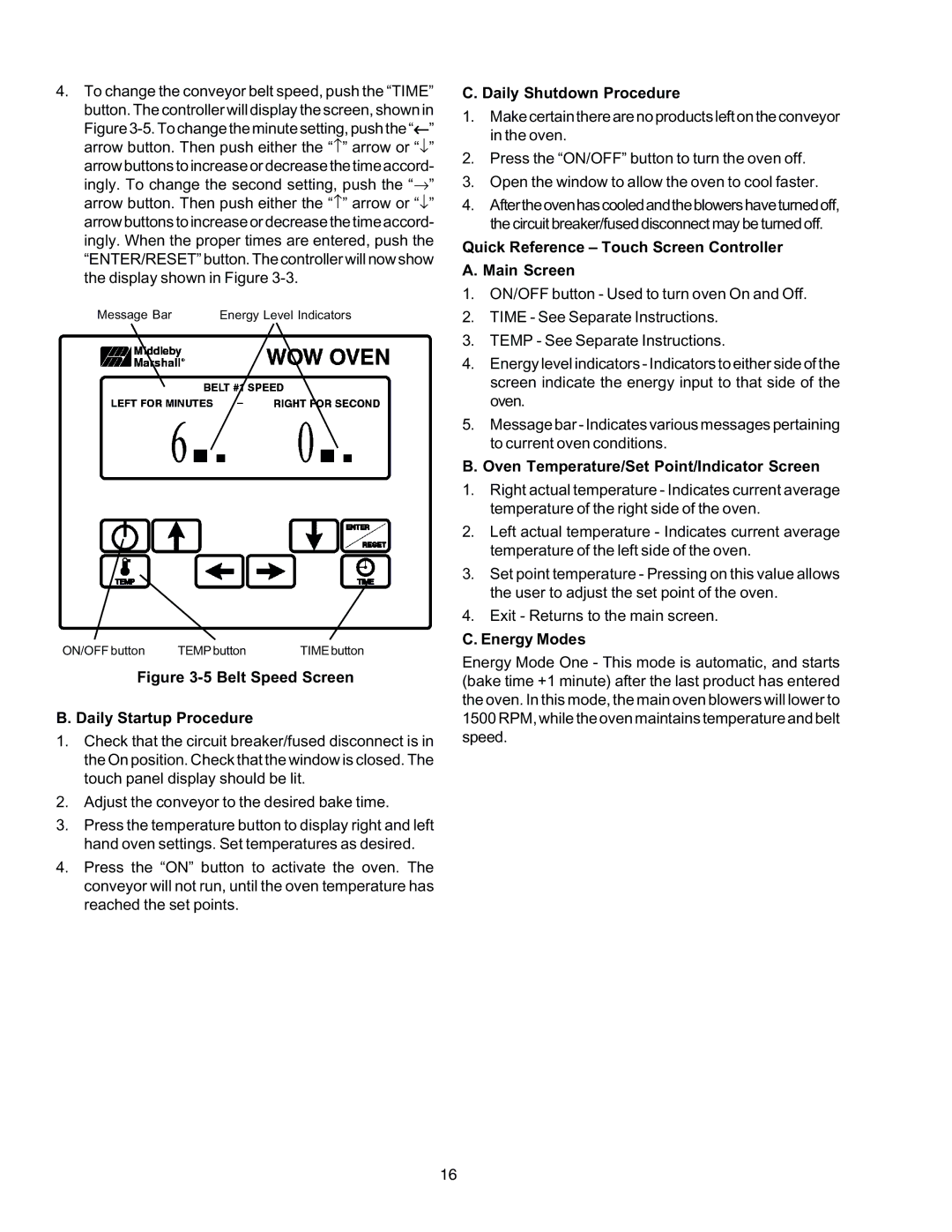 Middleby Cooking Systems Group PS870 Series Daily Shutdown Procedure, Quick Reference Touch Screen Controller Main Screen 