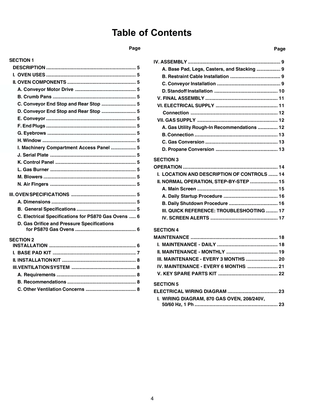 Middleby Cooking Systems Group PS870 Series manual Table of Contents 