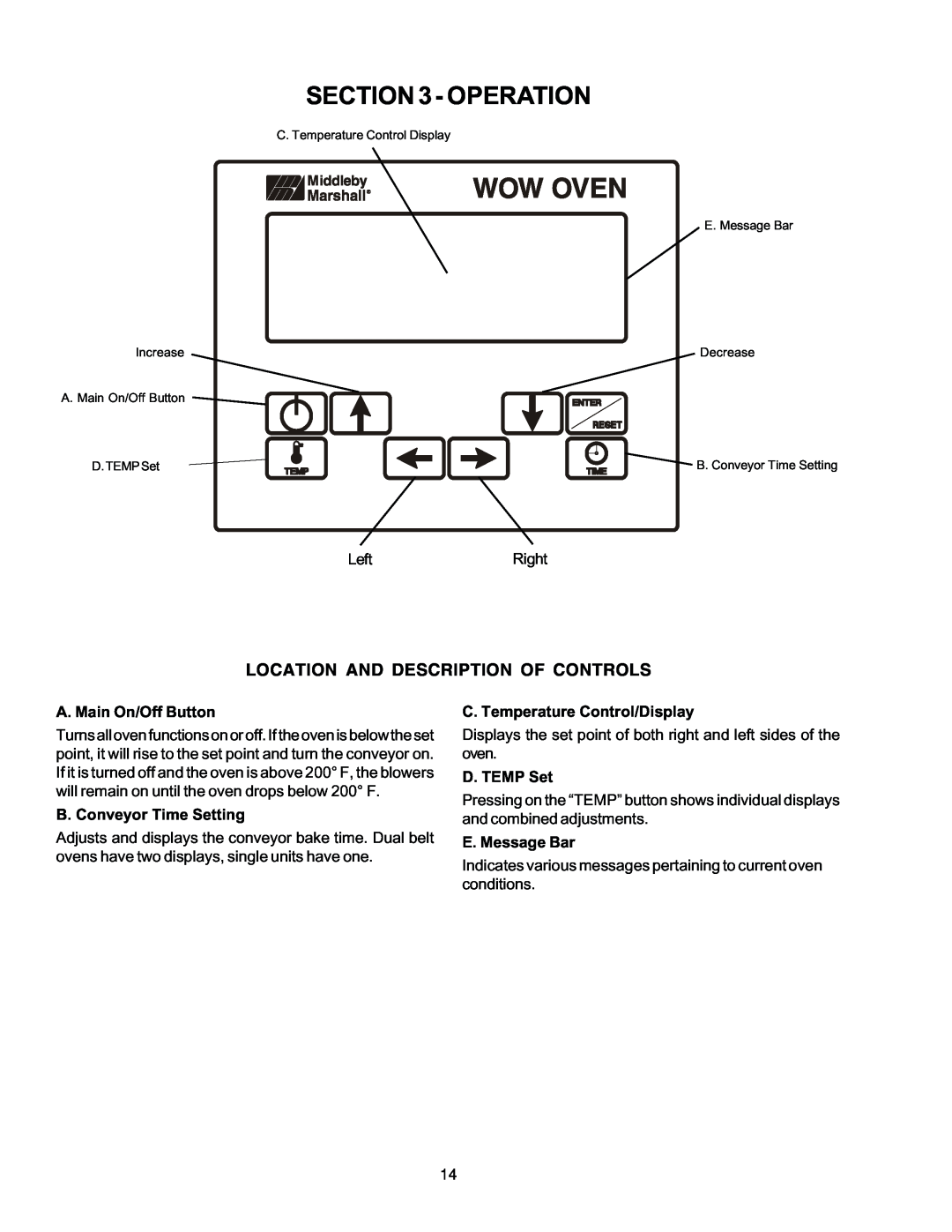 Middleby Cooking Systems Group PS870 Series manual Location And Description Of Controls, A. Main On/Off Button, D. TEMP Set 
