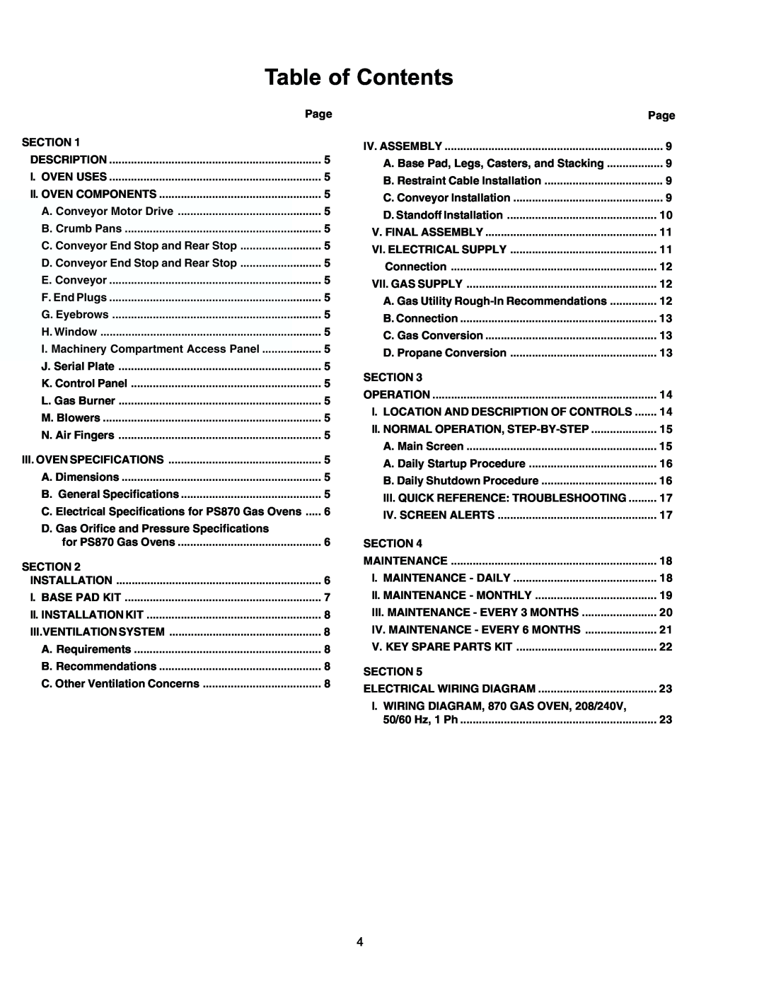 Middleby Cooking Systems Group PS870 Series manual Table of Contents 