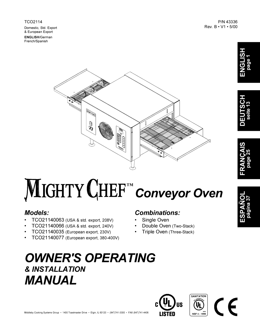 Middleby Cooking Systems Group TCO21140035, TCO21140063, TCO21140077, TCO21140066 installation manual Owners Operating 