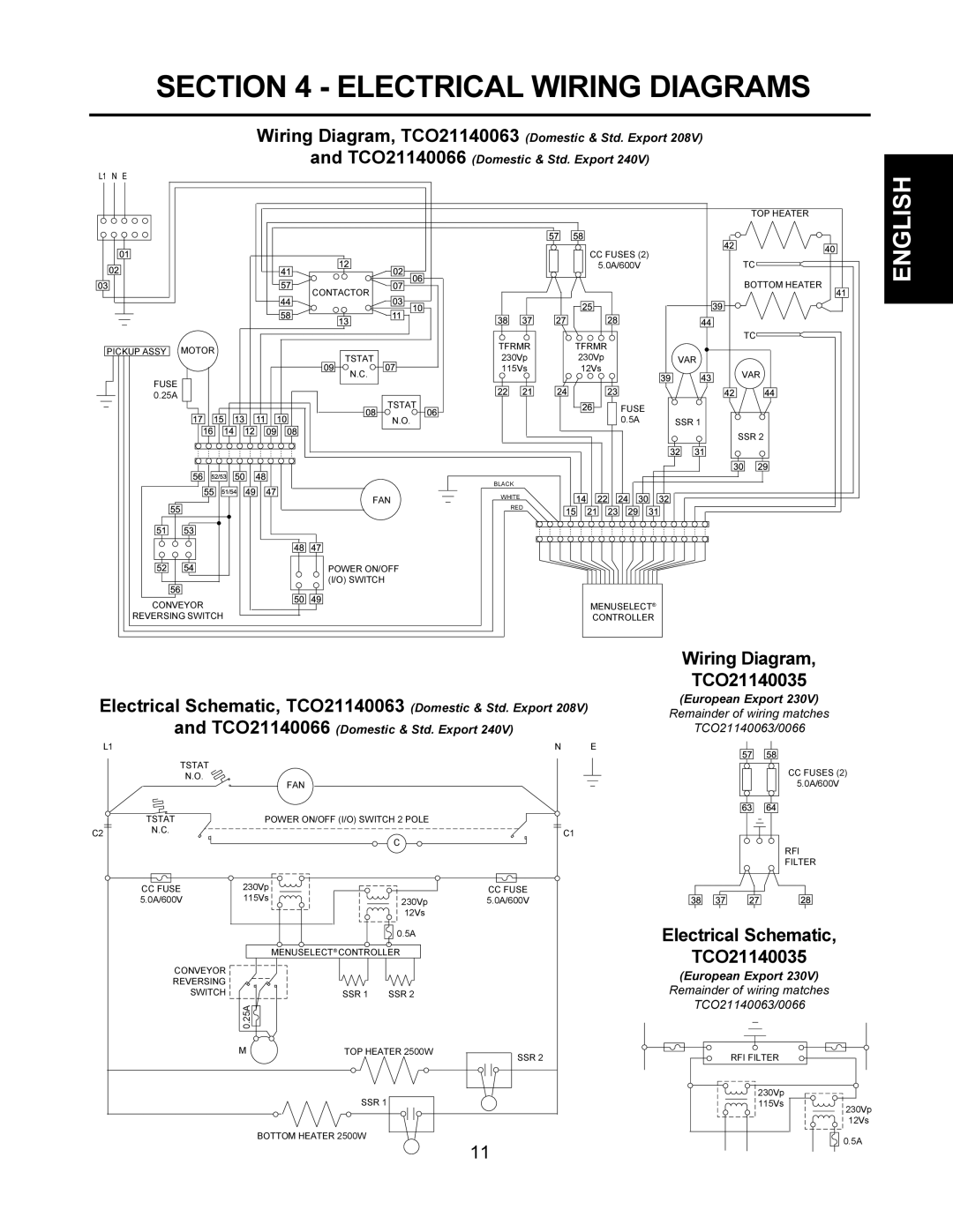 Middleby Cooking Systems Group TCO21140066, TCO21140063, TCO21140035, TCO21140077 Electrical Wiring Diagrams 