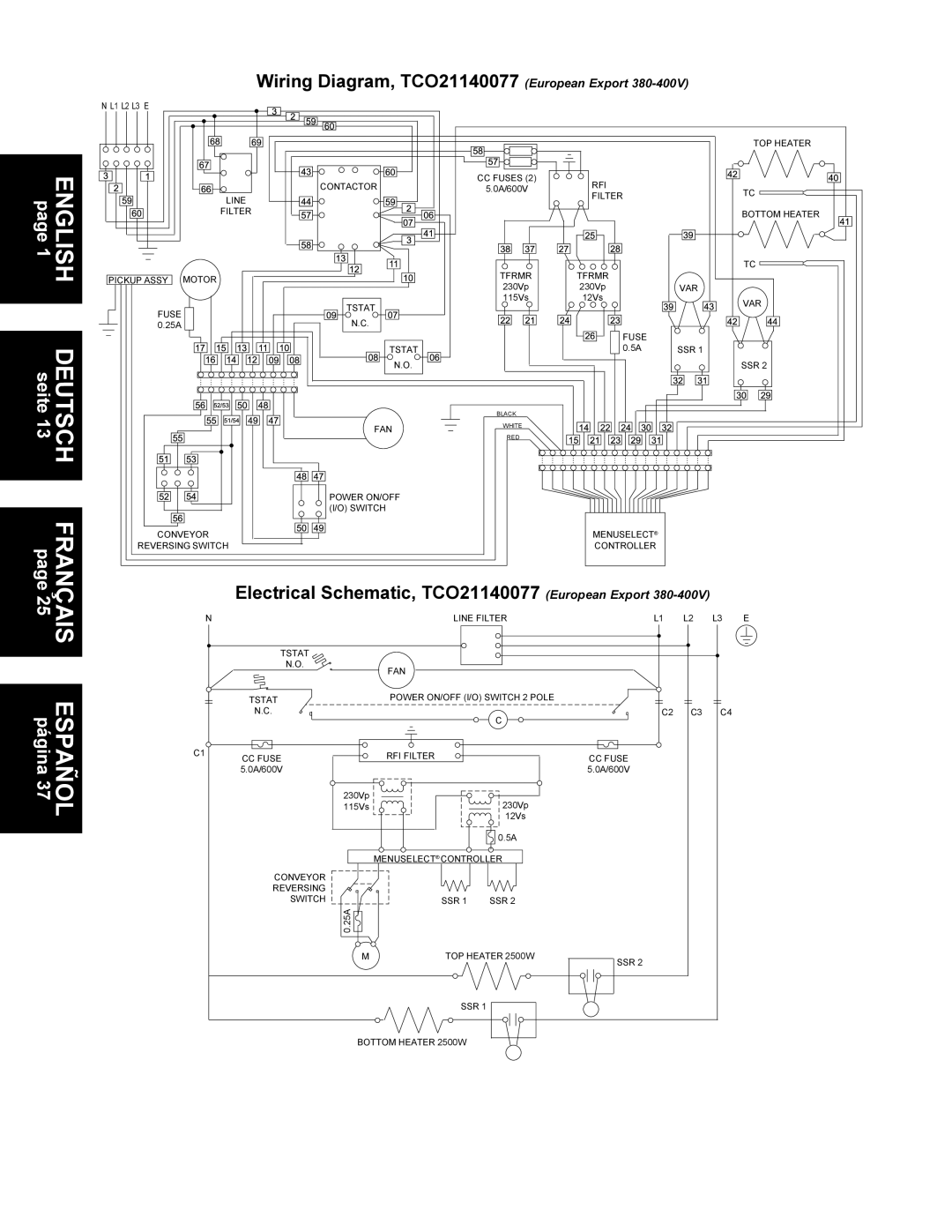 Middleby Cooking Systems Group TCO21140063, TCO21140035, TCO21140066 Wiring Diagram, TCO21140077 European Export 