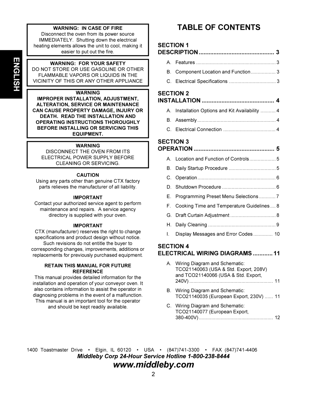 Middleby Cooking Systems Group TCO21140077, TCO21140063, TCO21140035, TCO21140066 installation manual English 