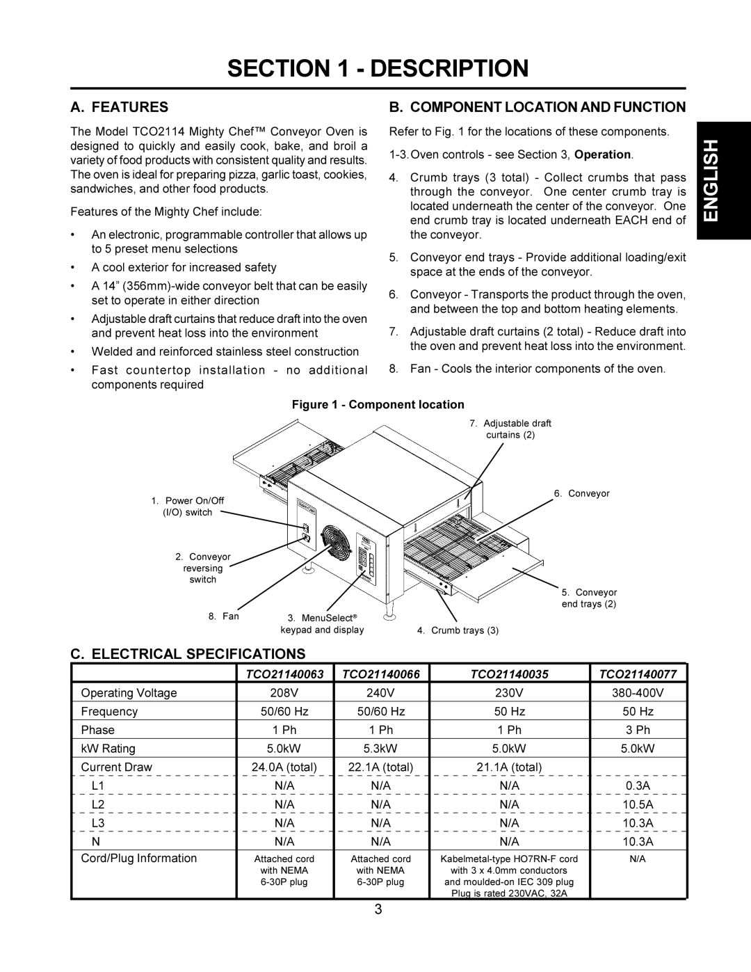 Middleby Cooking Systems Group TCO21140066, TCO21140063, TCO21140035 Description, Features, Electrical Specifications 